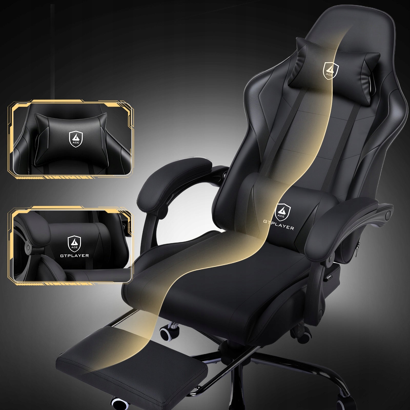 Fotel Gamingowy Ergonomiczny Fotel z Massażem Lędźwi, Max 150 kg, Czarny Brand GTPLAYER