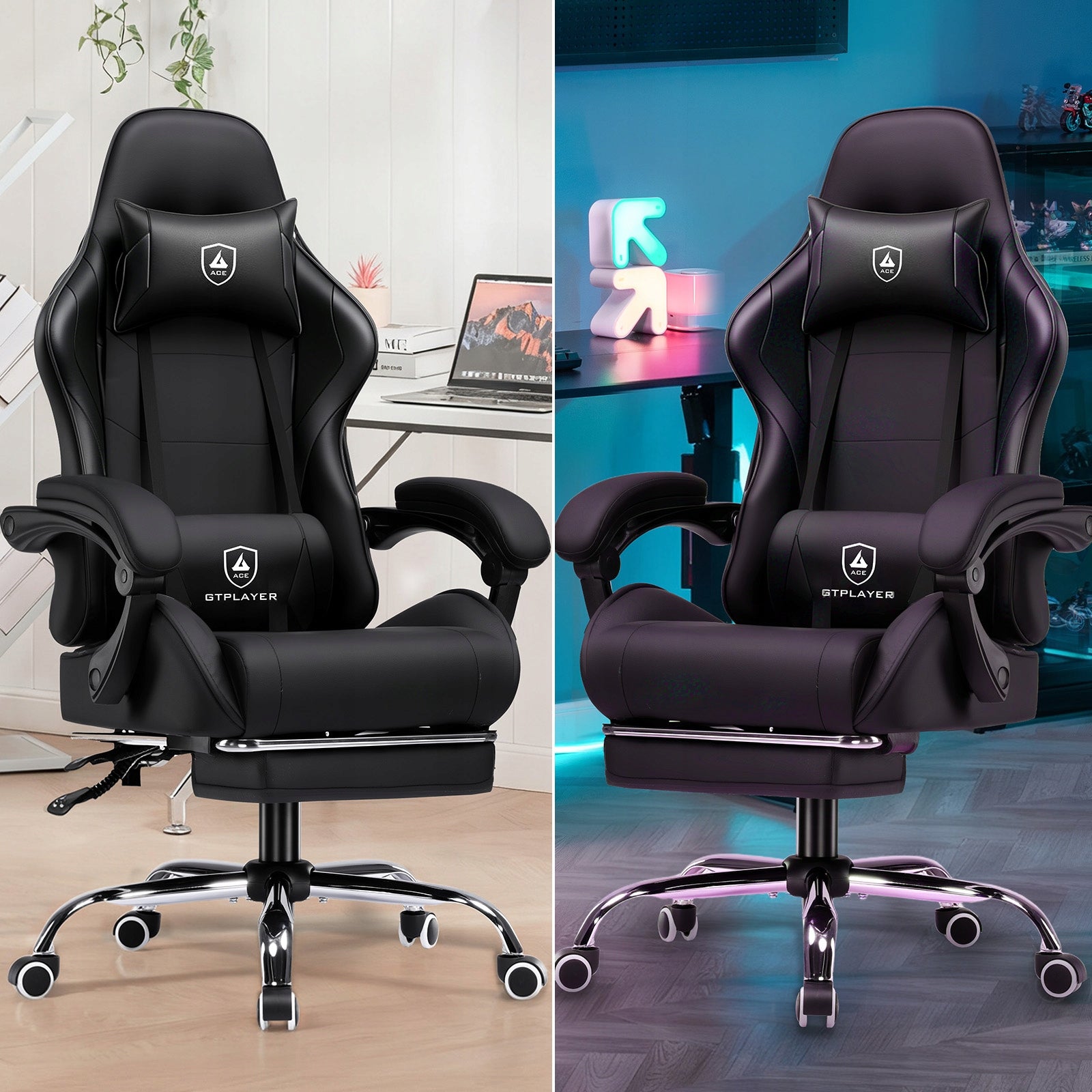 Fotel Gamingowy Ergonomiczny Fotel z Massażem Lędźwi, Max 150 kg, Czarny Furniture height 135 cm