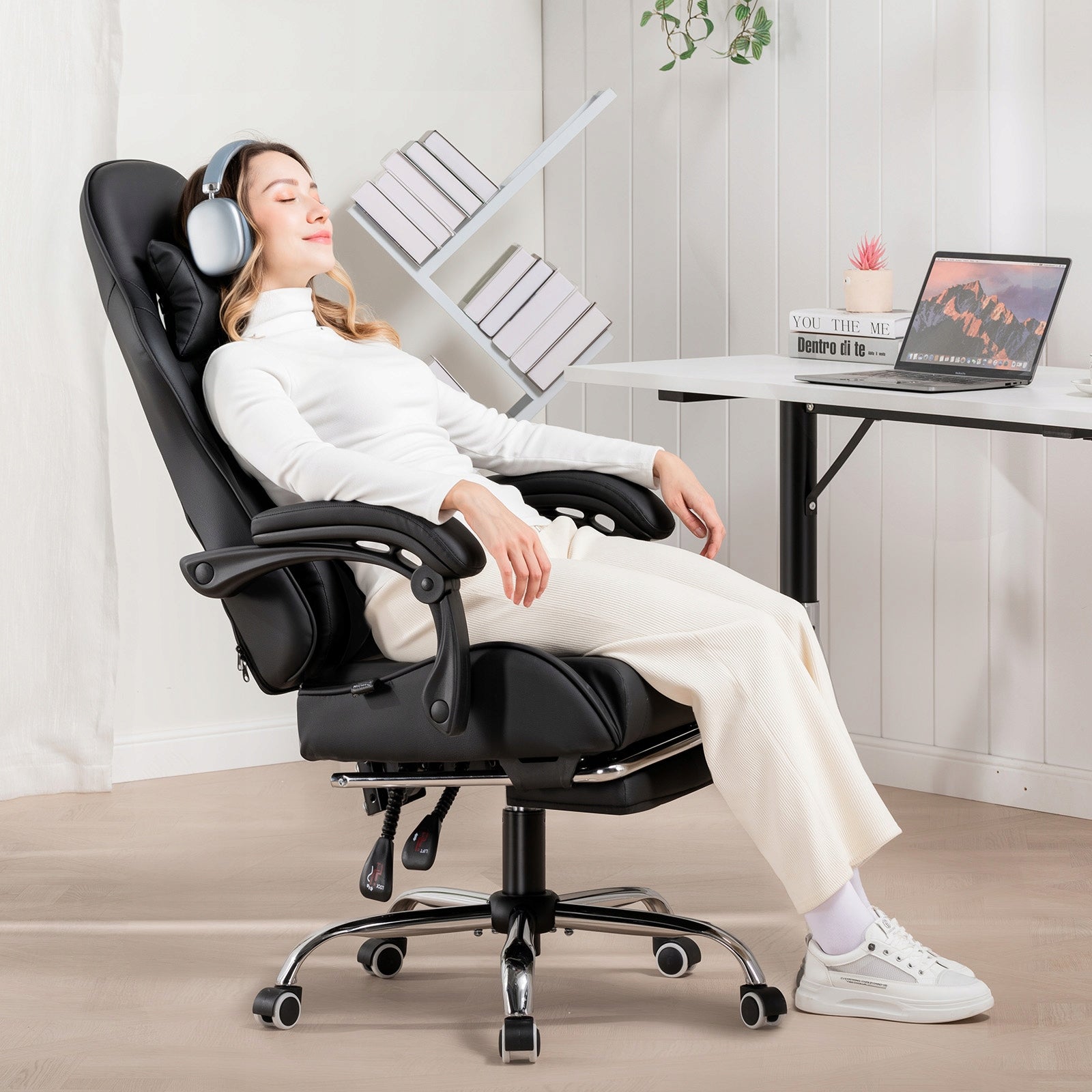Fotel Gamingowy Ergonomiczny Fotel z Massażem Lędźwi, Max 150 kg, Czarny Model Regulowany fotel biurowy do gier z masażem