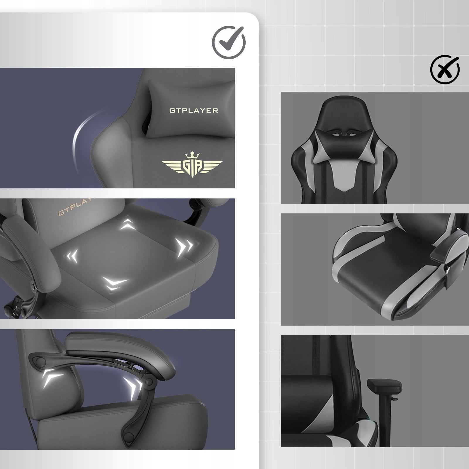 Fotel Gamingowy OBROTOWY 360° Sprężynowe Siedzenie 160° Odchyl 8H Bez Bólu Furniture depth 49 cm