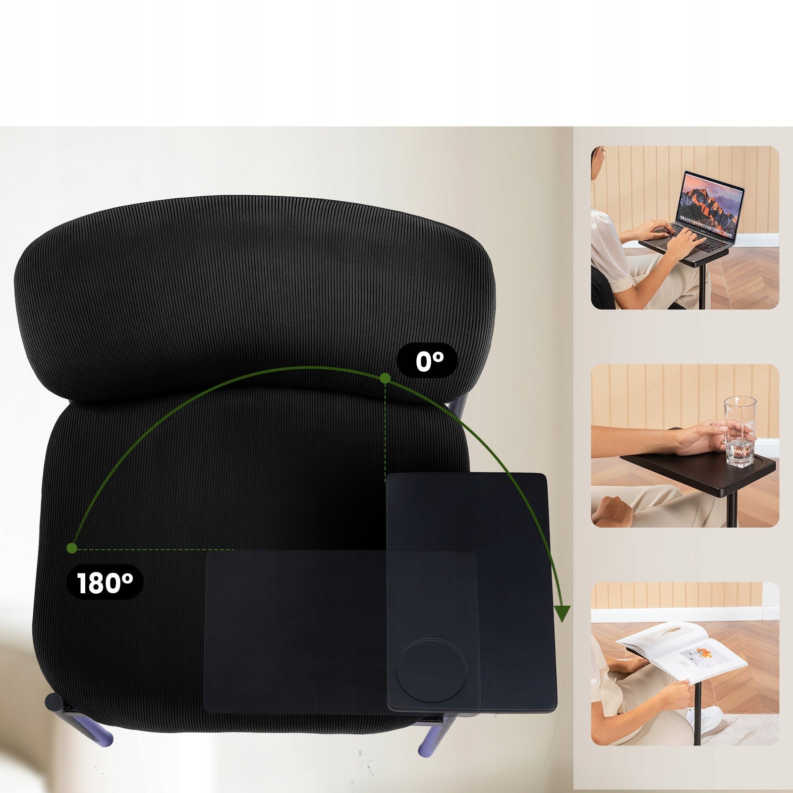 Fotel biurowy z małym stolikiem, stylowy design,czarna tkanina Packaging status original