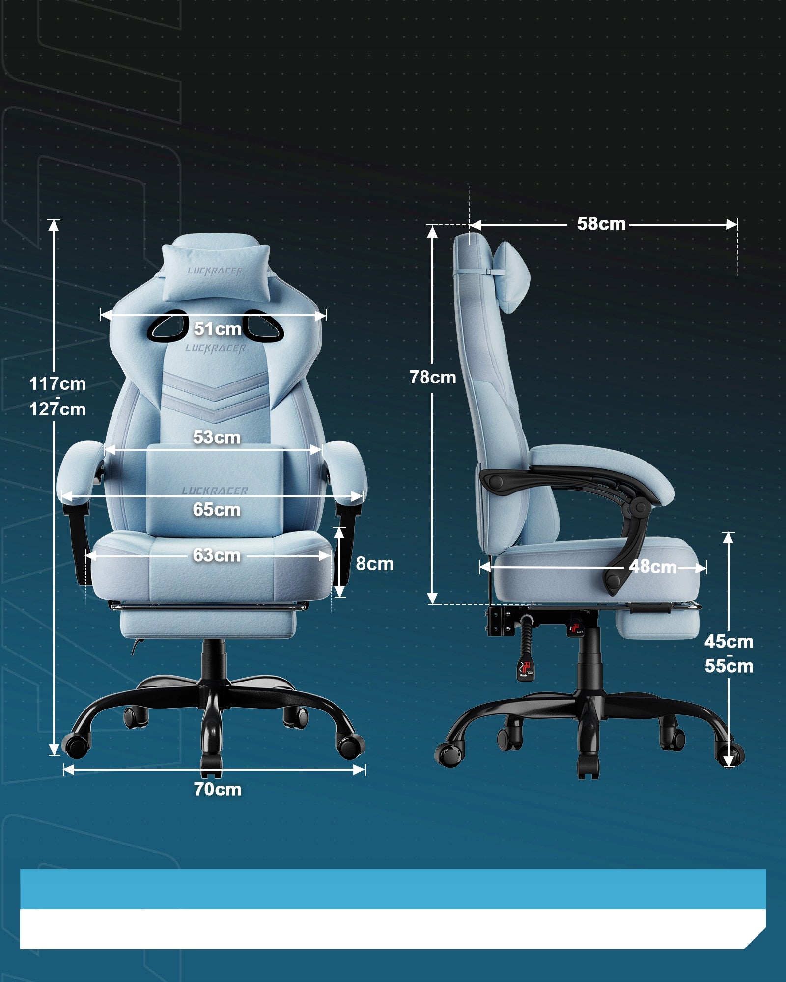 Fotel gamingowe Powiększone i poszerzone wielofunkcyjne krzesło Niebieski Furniture width 65 cm