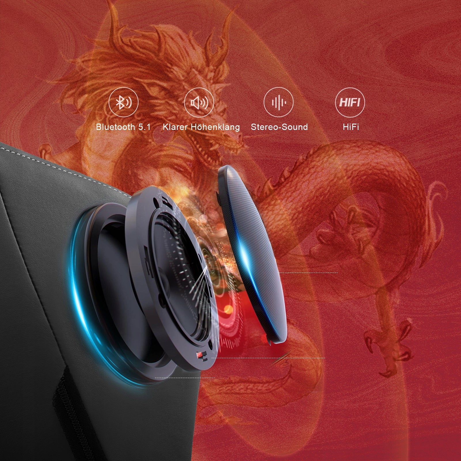 Fotel gamingowy Fotel dla graczy z głośnikami Bluetooth i podnóżkiem Manufacturer code DRAGON-GY