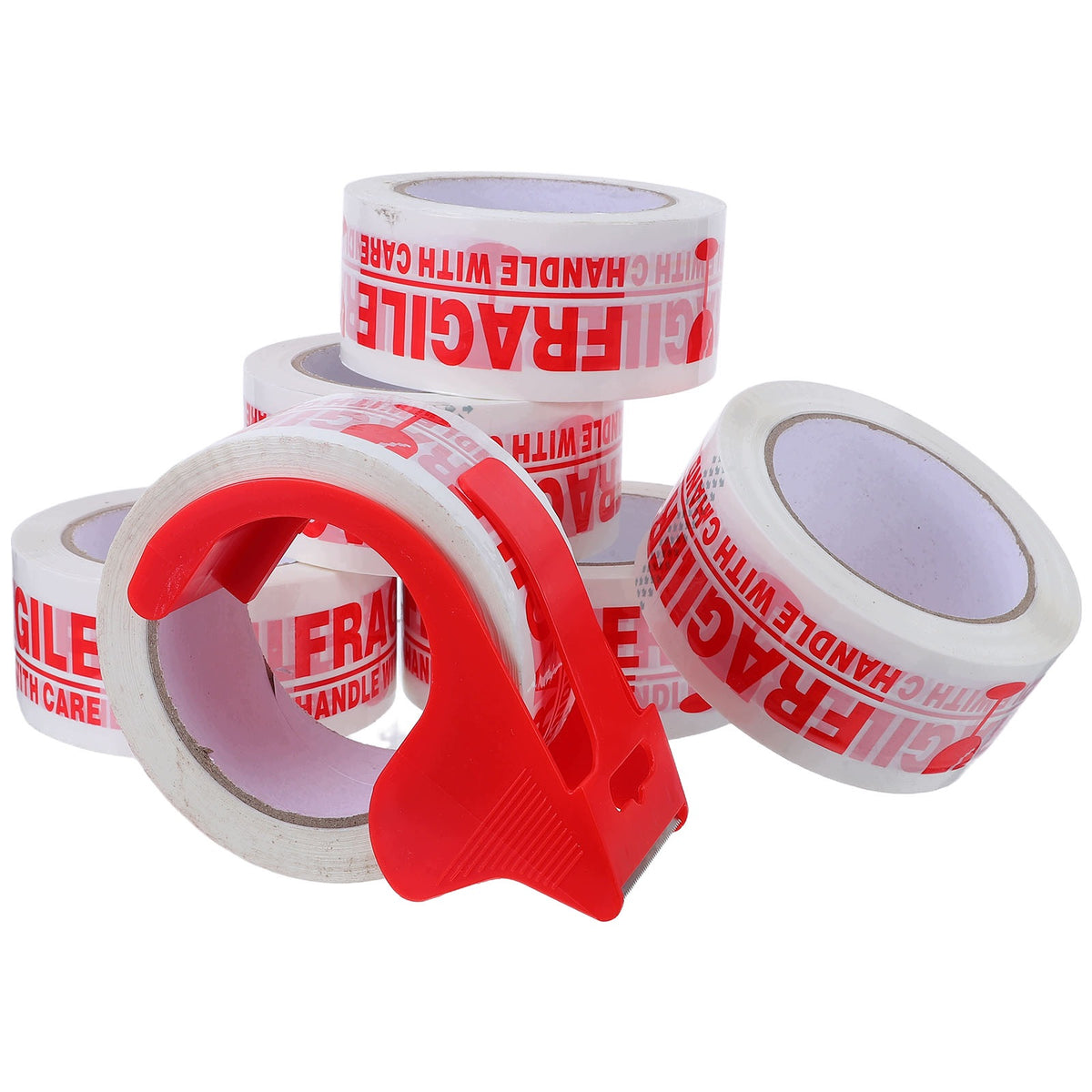 Fragile Packing Tape Red with Dispenser for Secure Shipping and Moving Width 90 mm