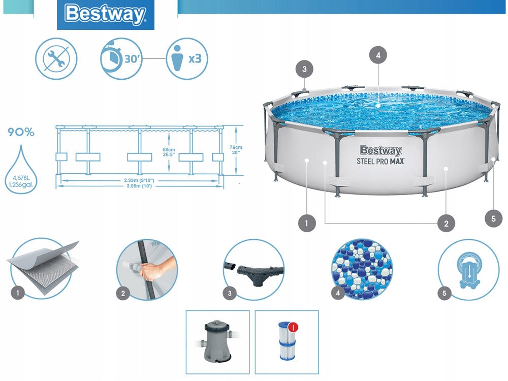 Frame pool Bestway Steel Pro MAX 305x76cm 17in1 pump, filters, hoses Series Steel Pro MAX