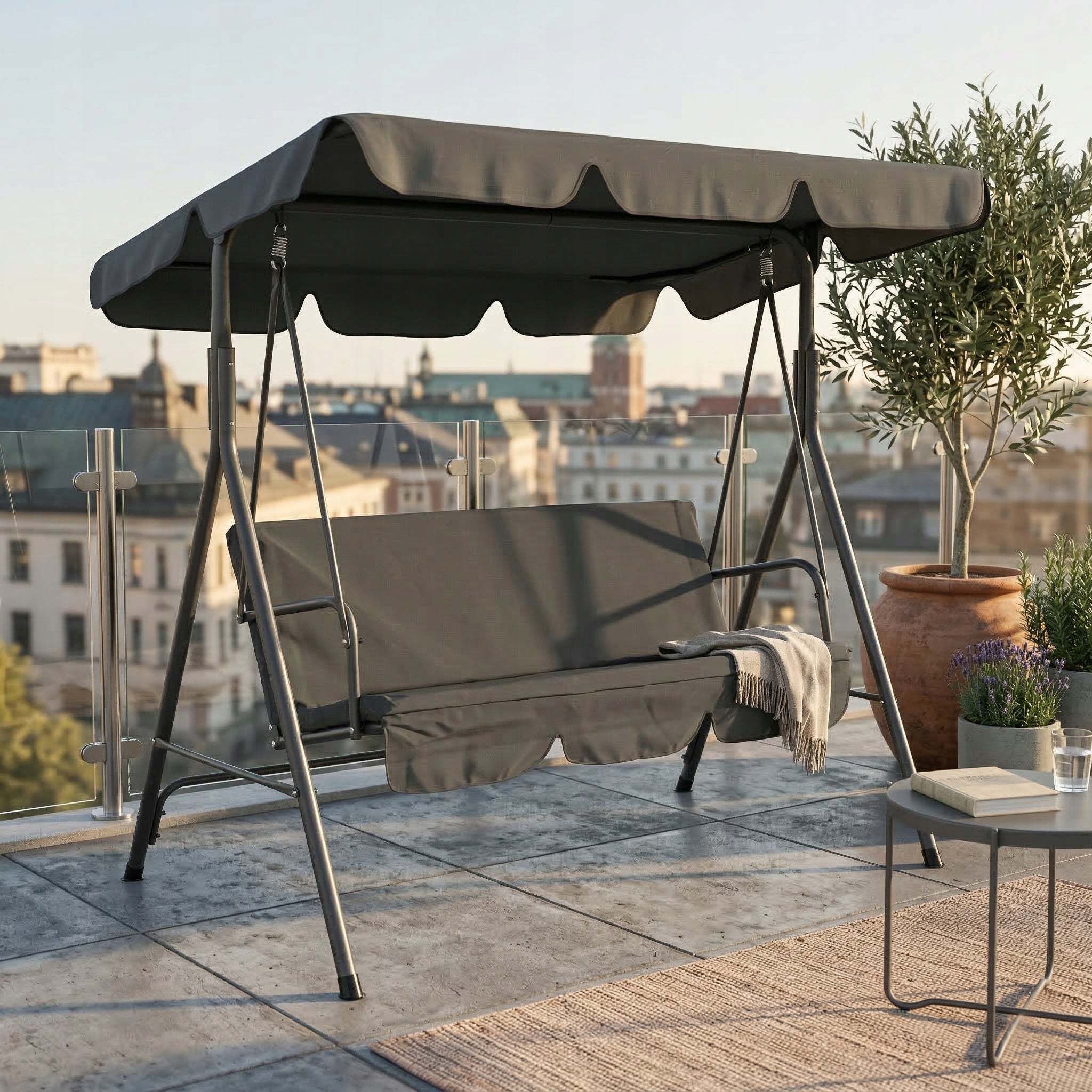 Freestanding Rocking Swing with Canopy 3 Seater Strong Grey Line Eve