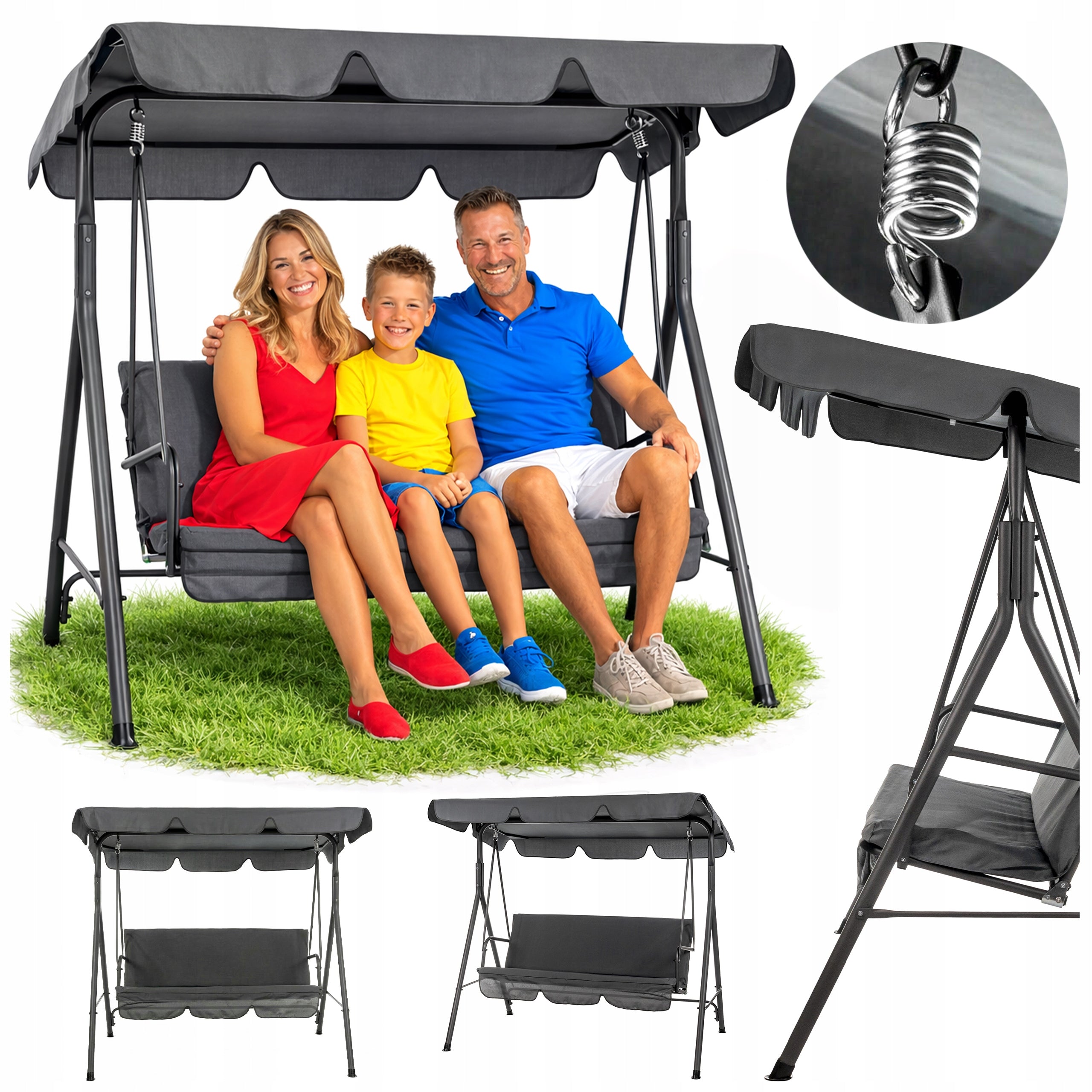 Freestanding Rocking Swing with Canopy 3 Seater Strong Grey