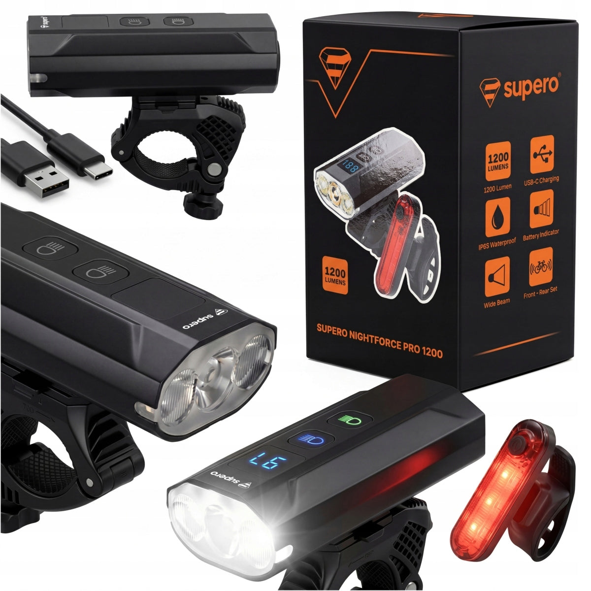 Front bicycle light rear strong 1200lm powerbank USB-C light flashlight