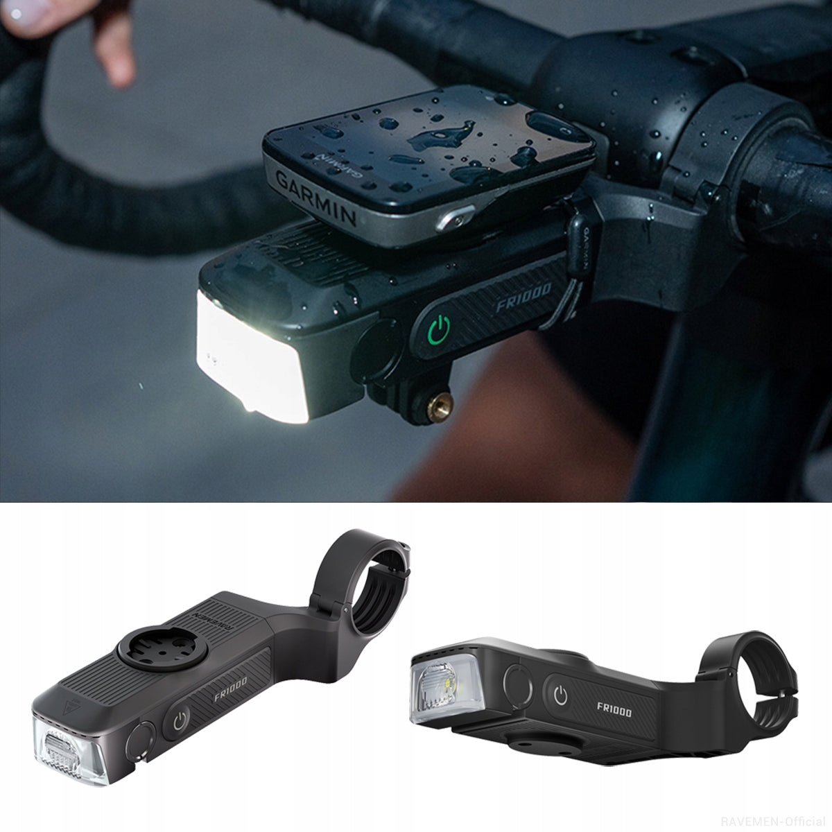 Front lamp RAVEMEN FR1000, rechargeable, GPS holder for Garmin/Wahoo/XOSS Manufacturer code FR1000