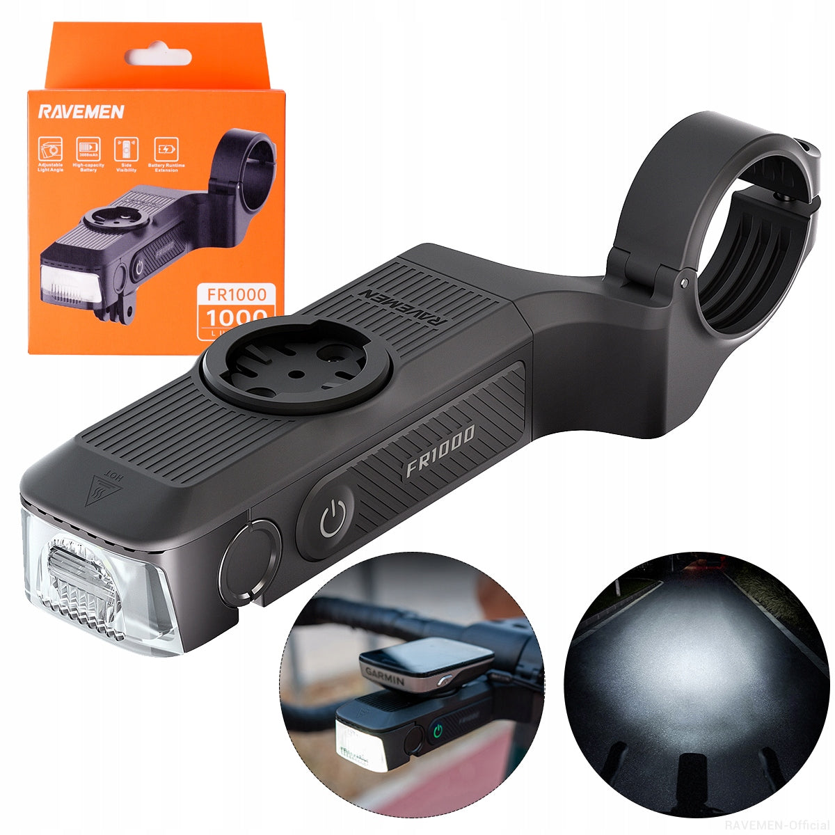 Front lamp RAVEMEN FR1000, rechargeable, GPS holder for Garmin/Wahoo/XOSS