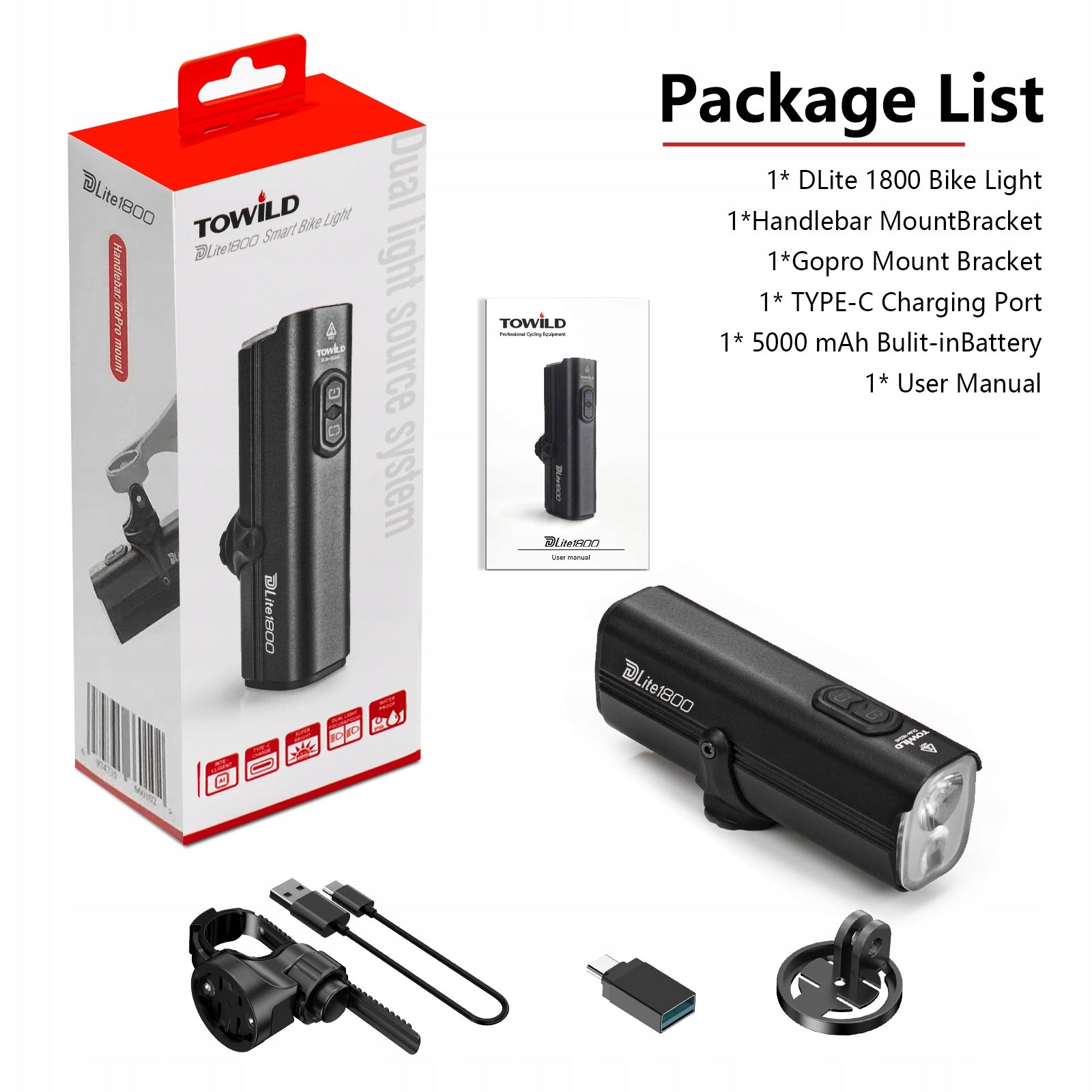 Front lamp Towild DL1800 lumens, powerbank Color black