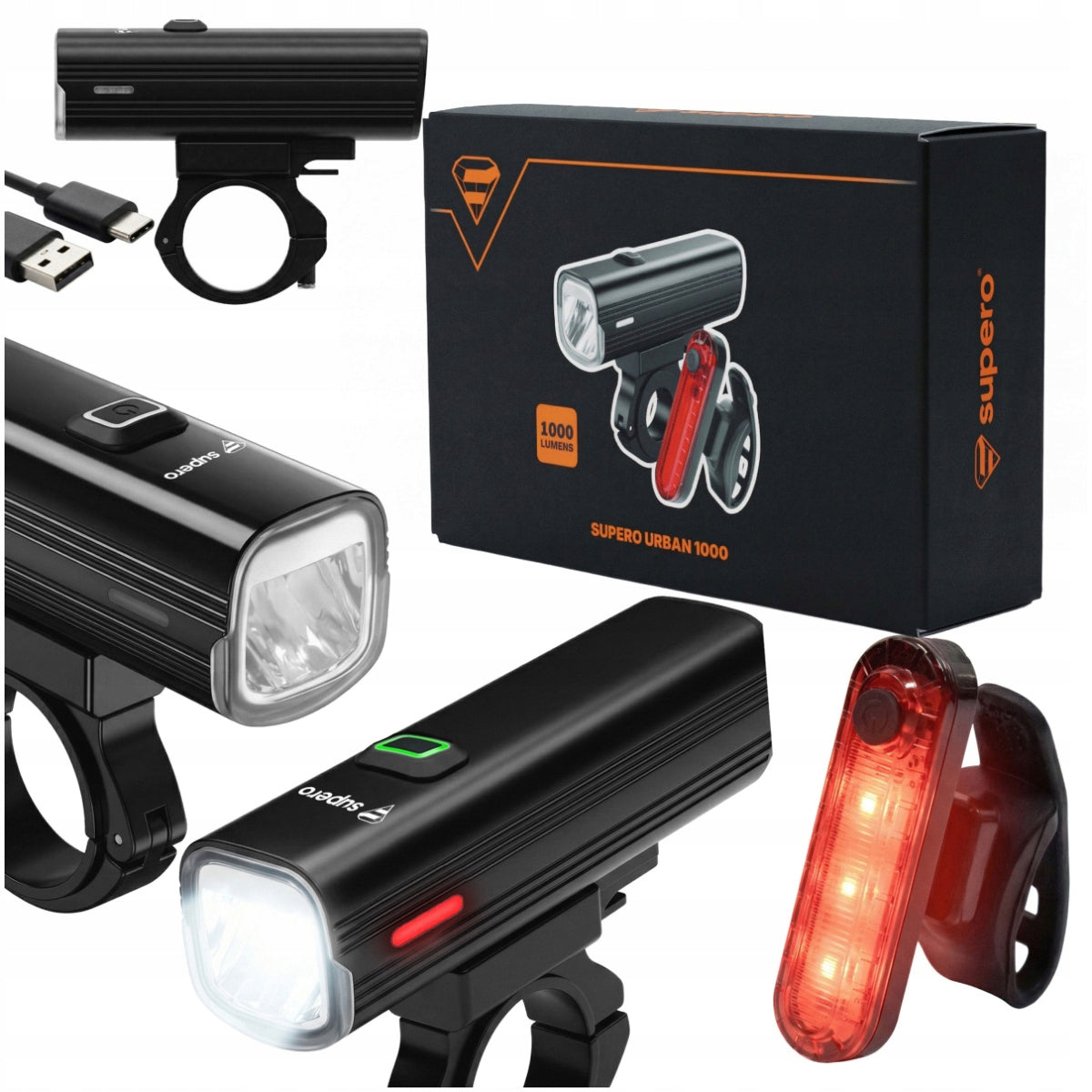 Front + rear bicycle light for night riding 1000 lm USB-C IPX6 4800mAh