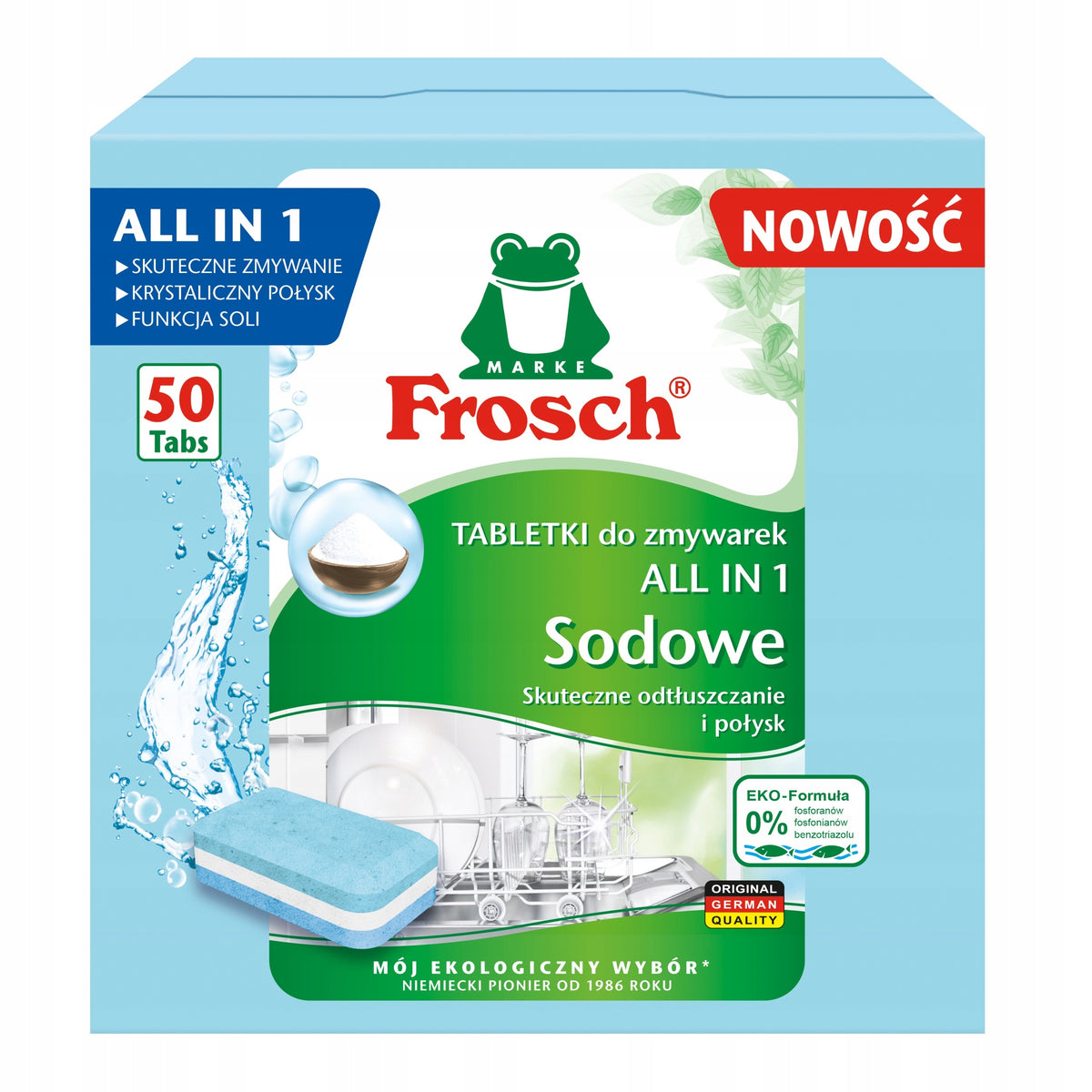 Frosch Soda All in 1 Dishwasher Tablets 50 Pack, Degreasing, Gloss Packaging status original