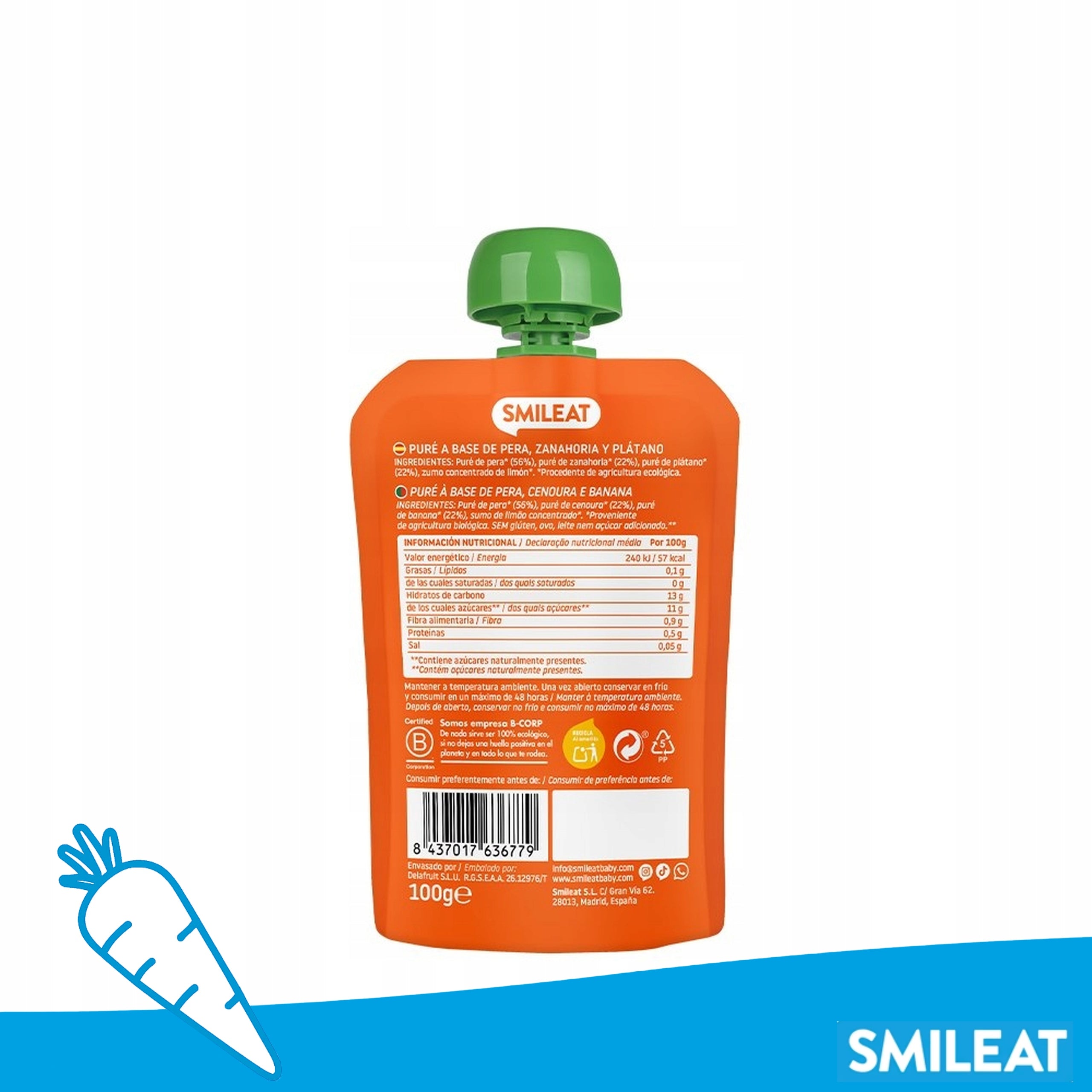 Fruit Mousse BIO Pear Banana Carrot 100g SMILEAT for Children 6m+ Packaging status original