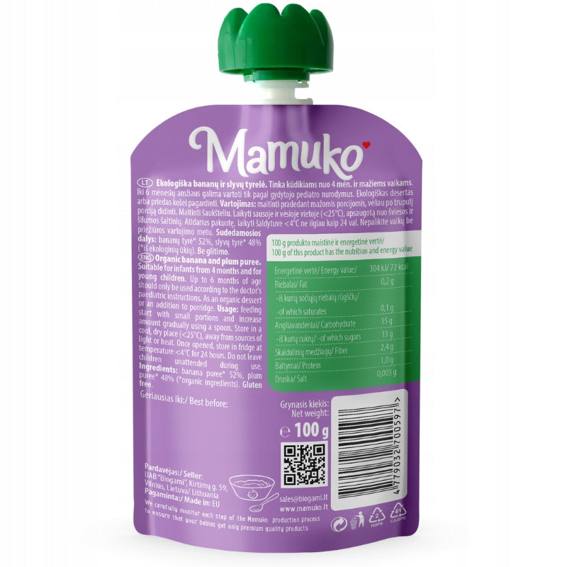 Fruit Mousse for Children Organic Banana Plum Puree Mamuko 100 g Brand Mamuko