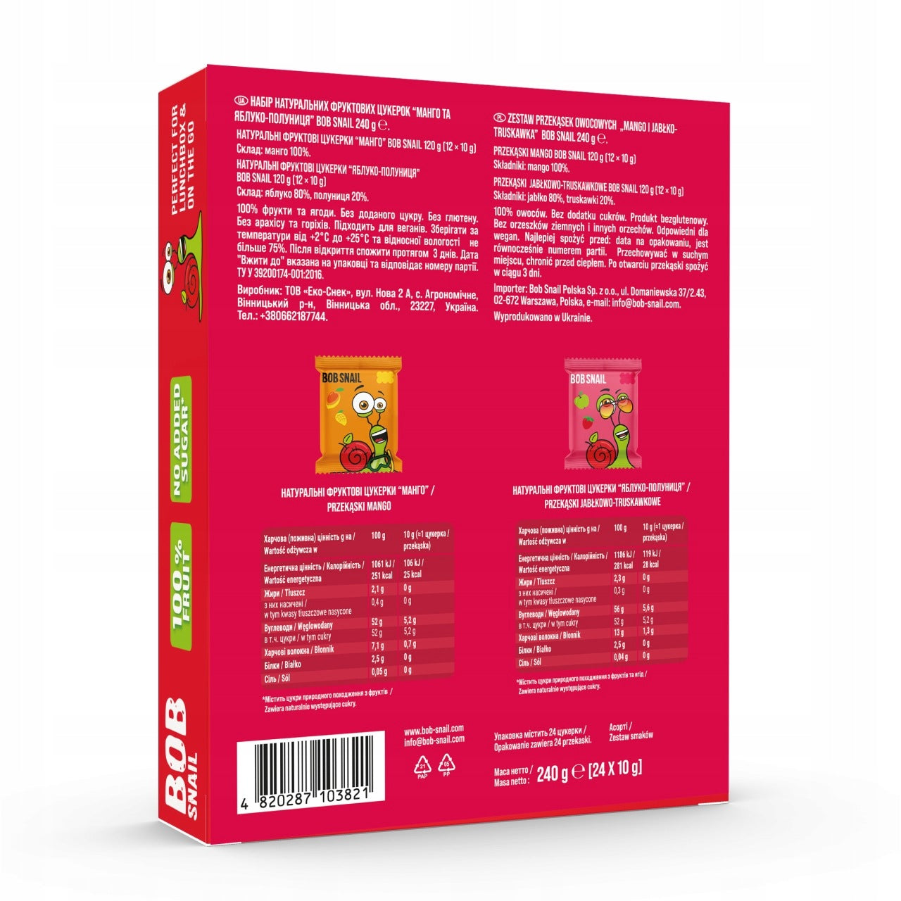 Fruit Rolls BOB SNAIL Mango Strawberry 240g MIX 24pcs without sugar vegan Medical device no