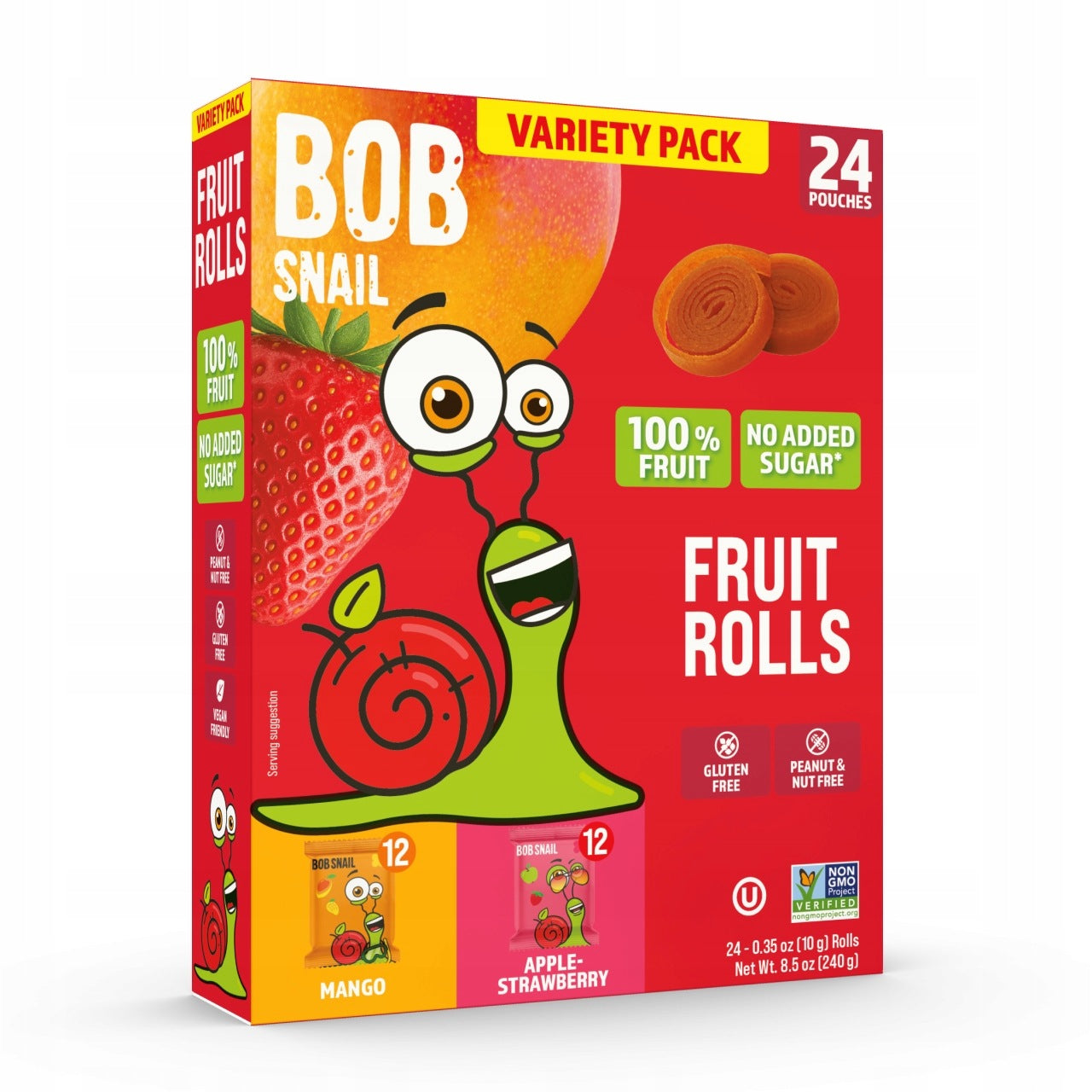 Fruit Rolls BOB SNAIL Mango Strawberry 240g MIX 24pcs without sugar vegan Packaging status original