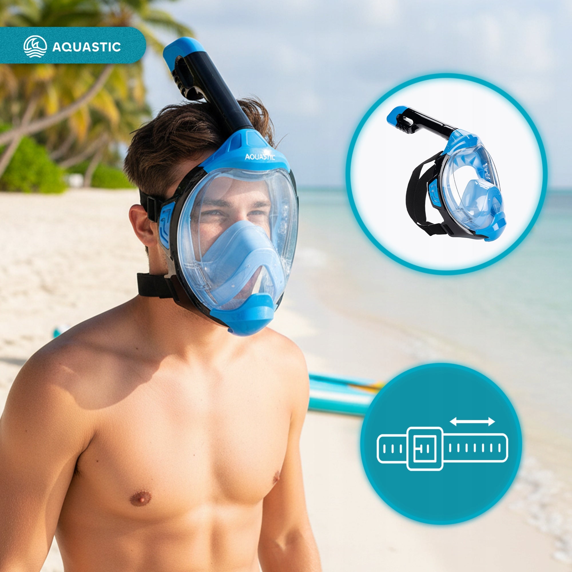 Full face diving mask SNORKELING AQUASTIC KAI S-M with TUBE Color blue