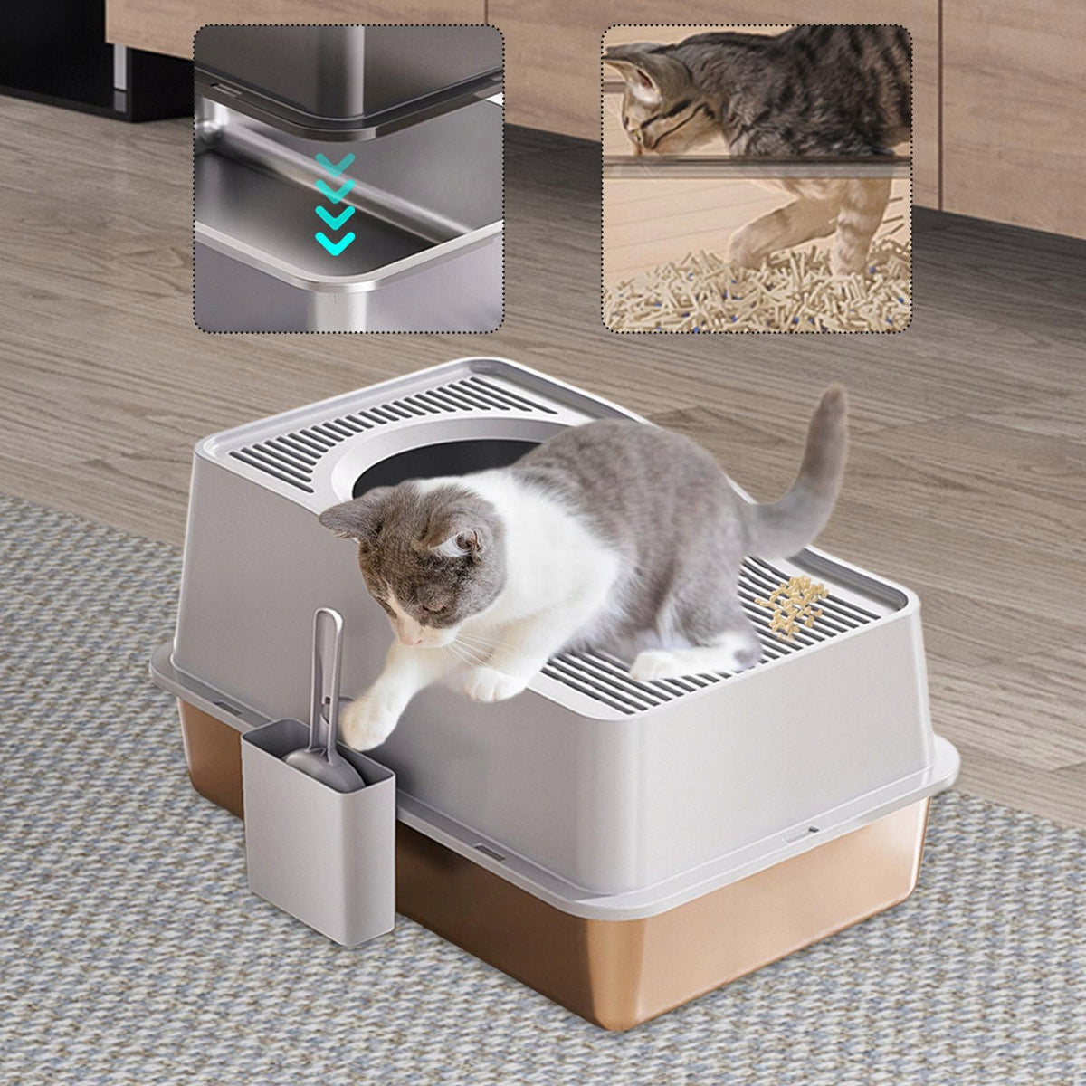 Fully Closed Cat Litter Box Toilet Top Entry High Raised Rim Grey