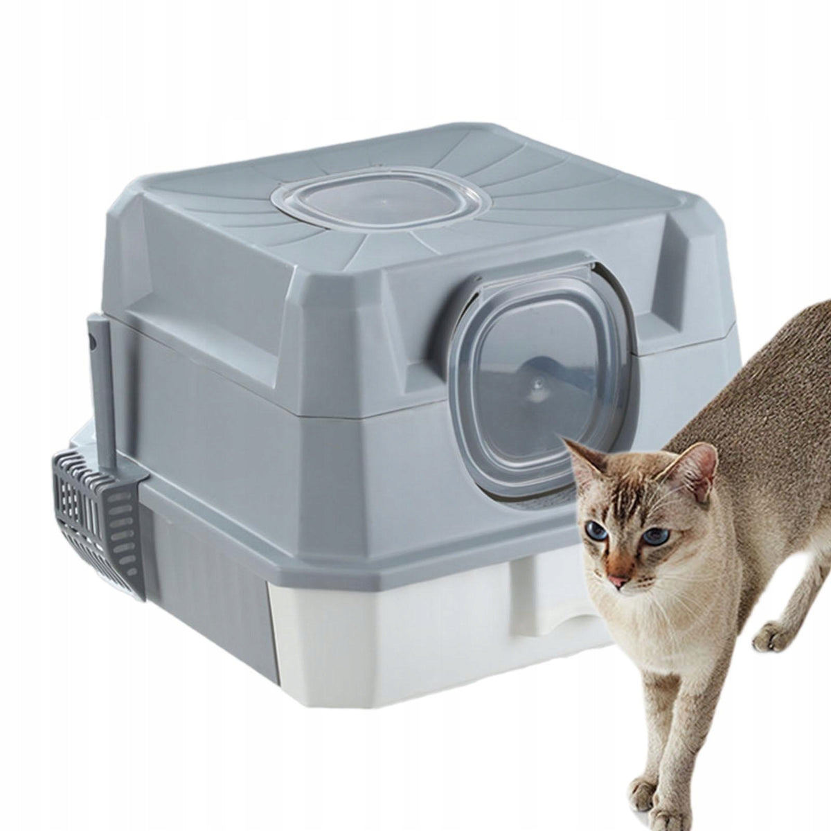 Fully Covered Cat Litter Case Portable with Scoop Pet Accessories grey