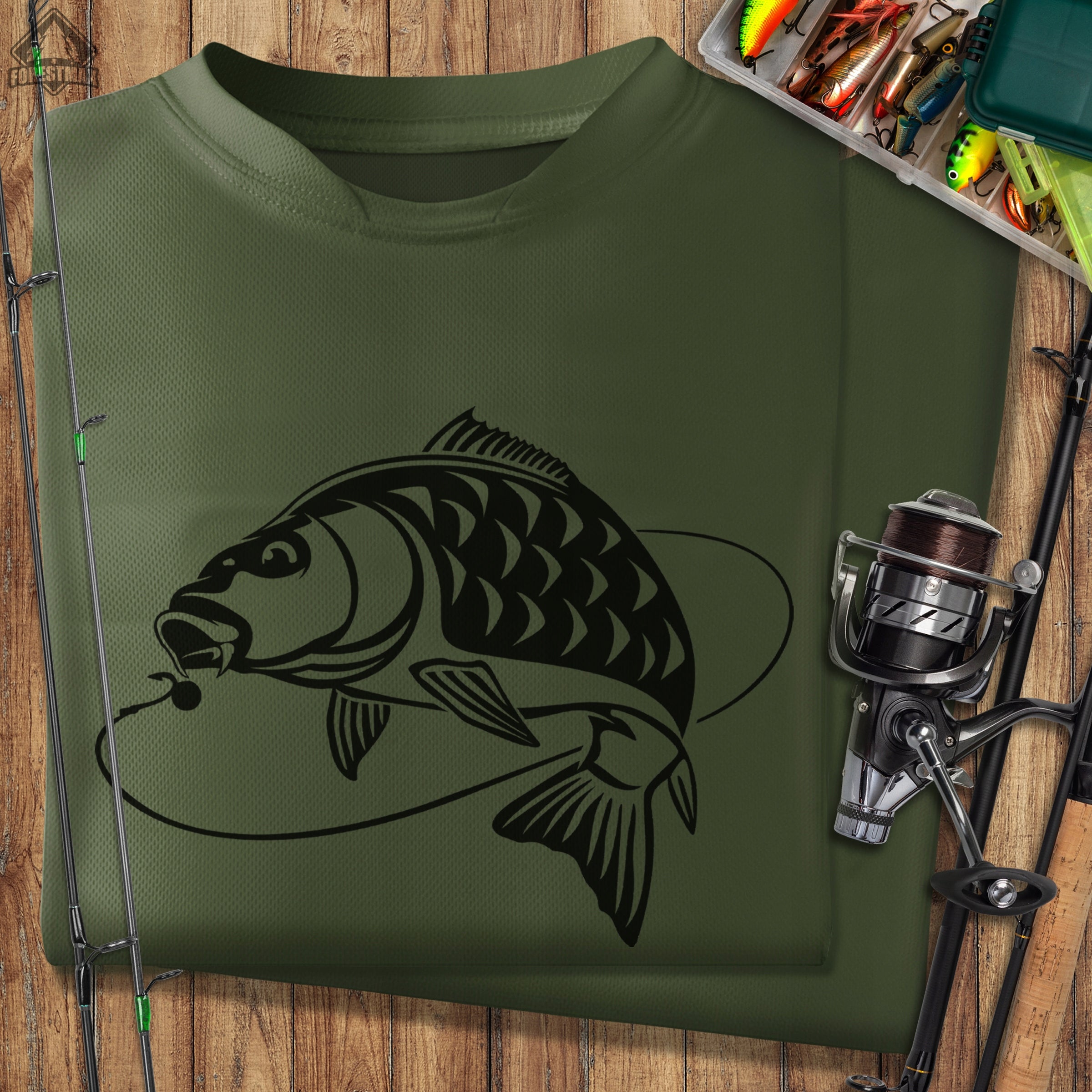 Functional khaki fishing shirt - T-shirt for angler with KARP print Sleeve short sleeve