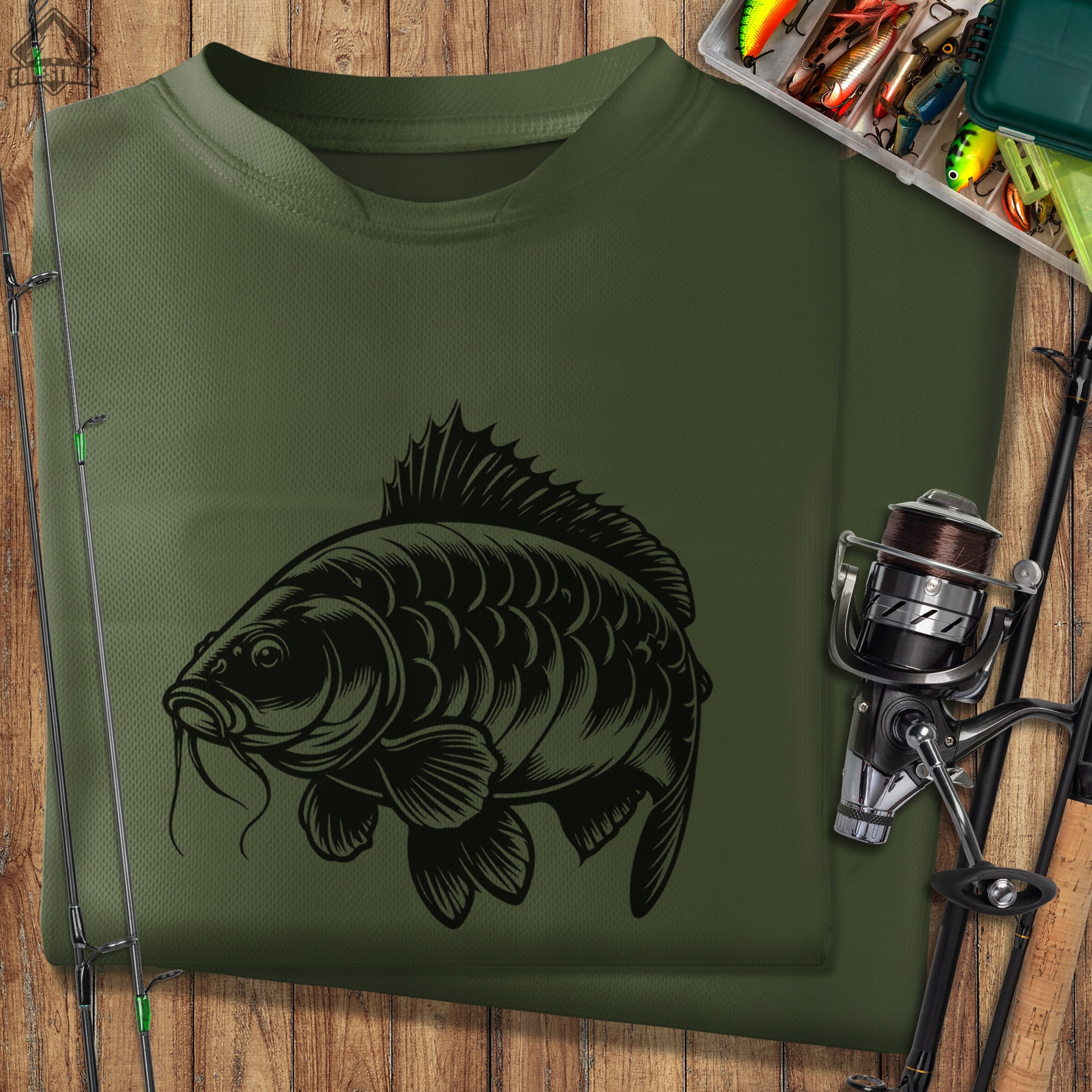 Functional khaki fishing shirt Thermoactive fish t-shirt print KARP Sleeve short sleeve