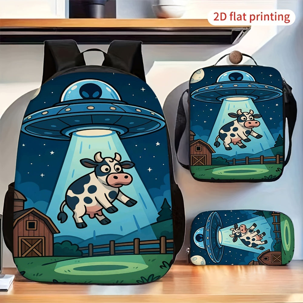 Funny Alien UFO Cow Abduction Pattern 3-Piece Backpack Set