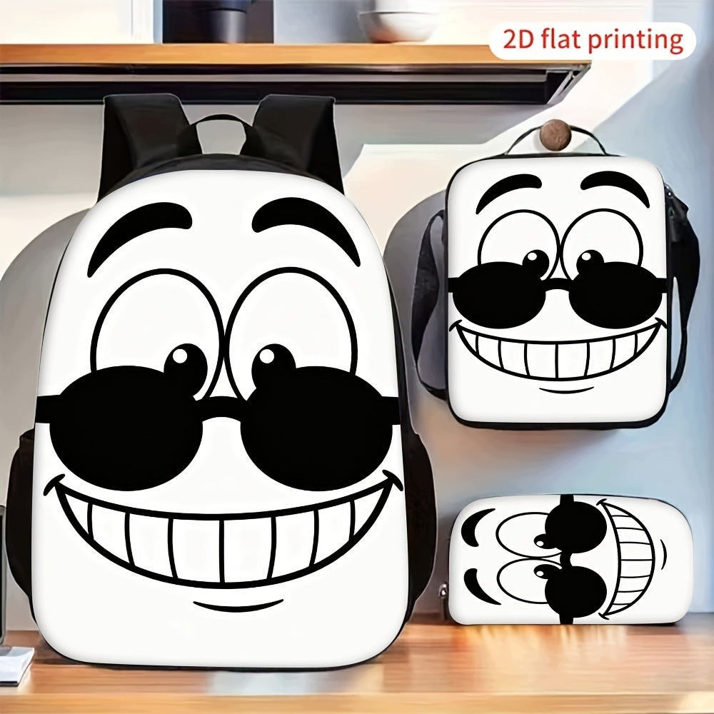 Funny Cartoon Smiling Face Fashion Glasses Print 3-Piece Backpack Set