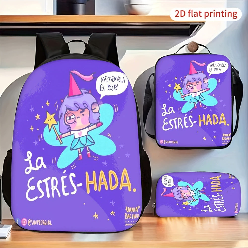 Funny La Estres Fairy Cartoon Print 3-Piece Bag Set: Lunch Bag, Pencil Case