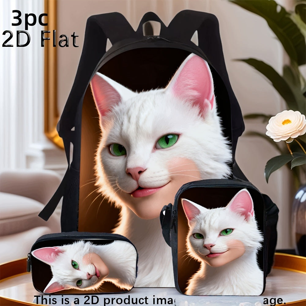 Funny White Cat with Green Eyes Backpack Crossbody Bag Pencil Case Set