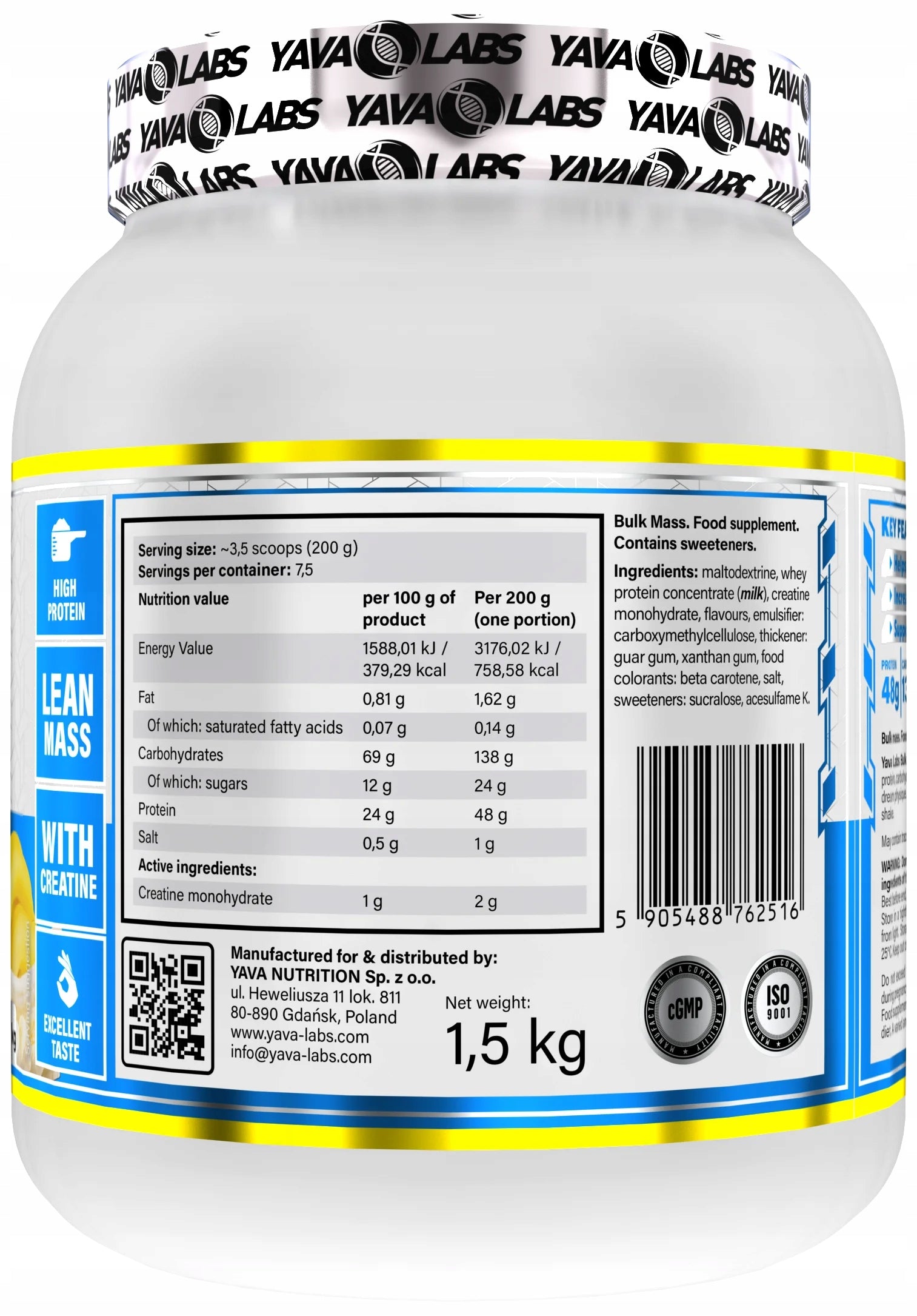 GAINER FOR ATHLETES BULK MASS YAVA LABS BANANA 1500G Expiration date at least 1 year from the date of purchase
