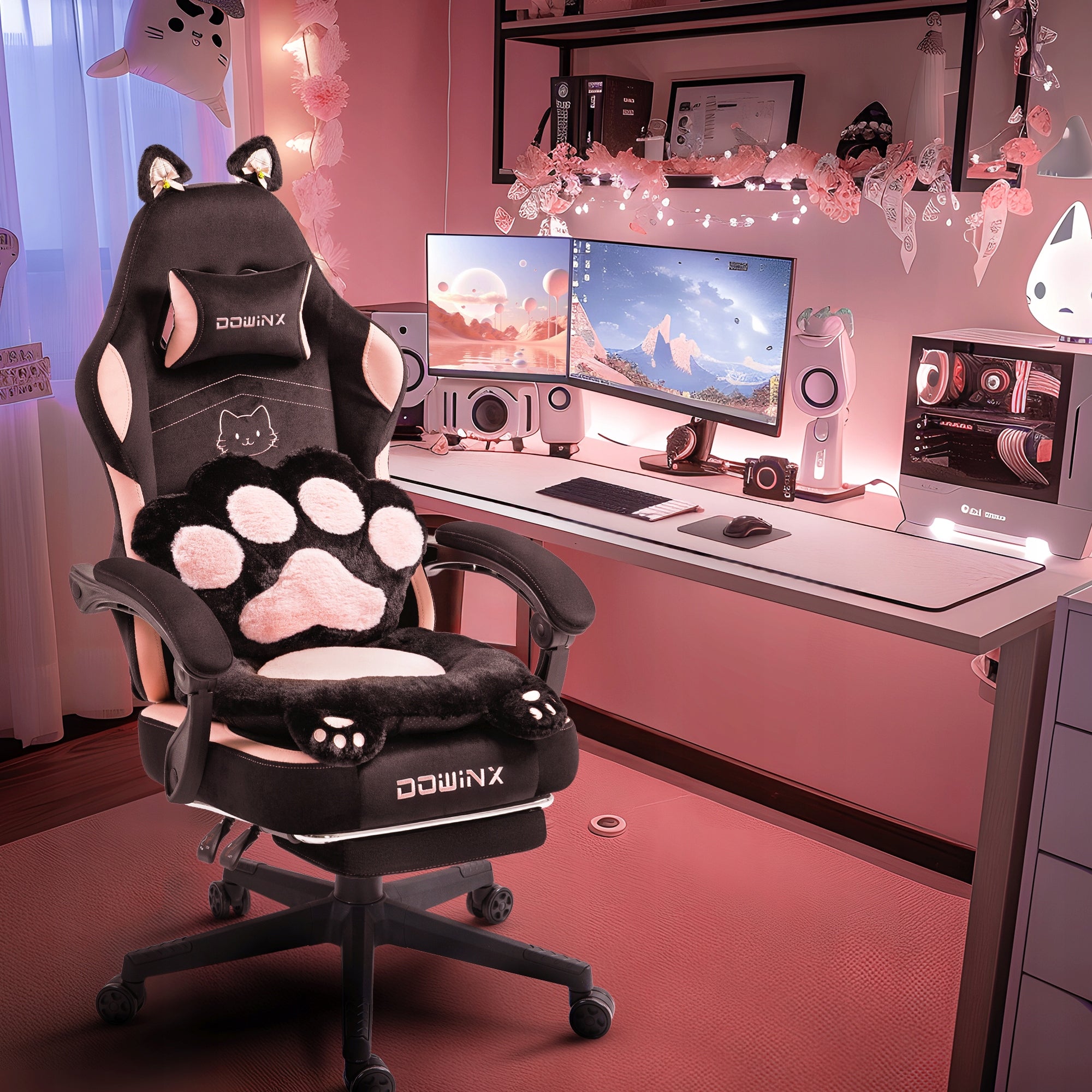 GAMING CHAIR DOWINX CAT SWIVEL EARS WITH FOOTREST 90 – 145°BLACK AND PINK Packaging status original