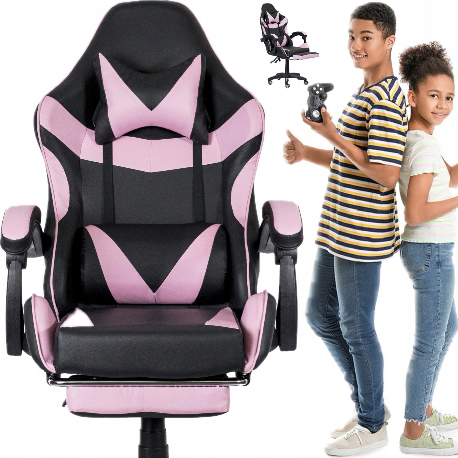 GAMING CHAIR OFFICE SWIVEL GAMING CHAIR FAUX LEATHER BLACK PINK