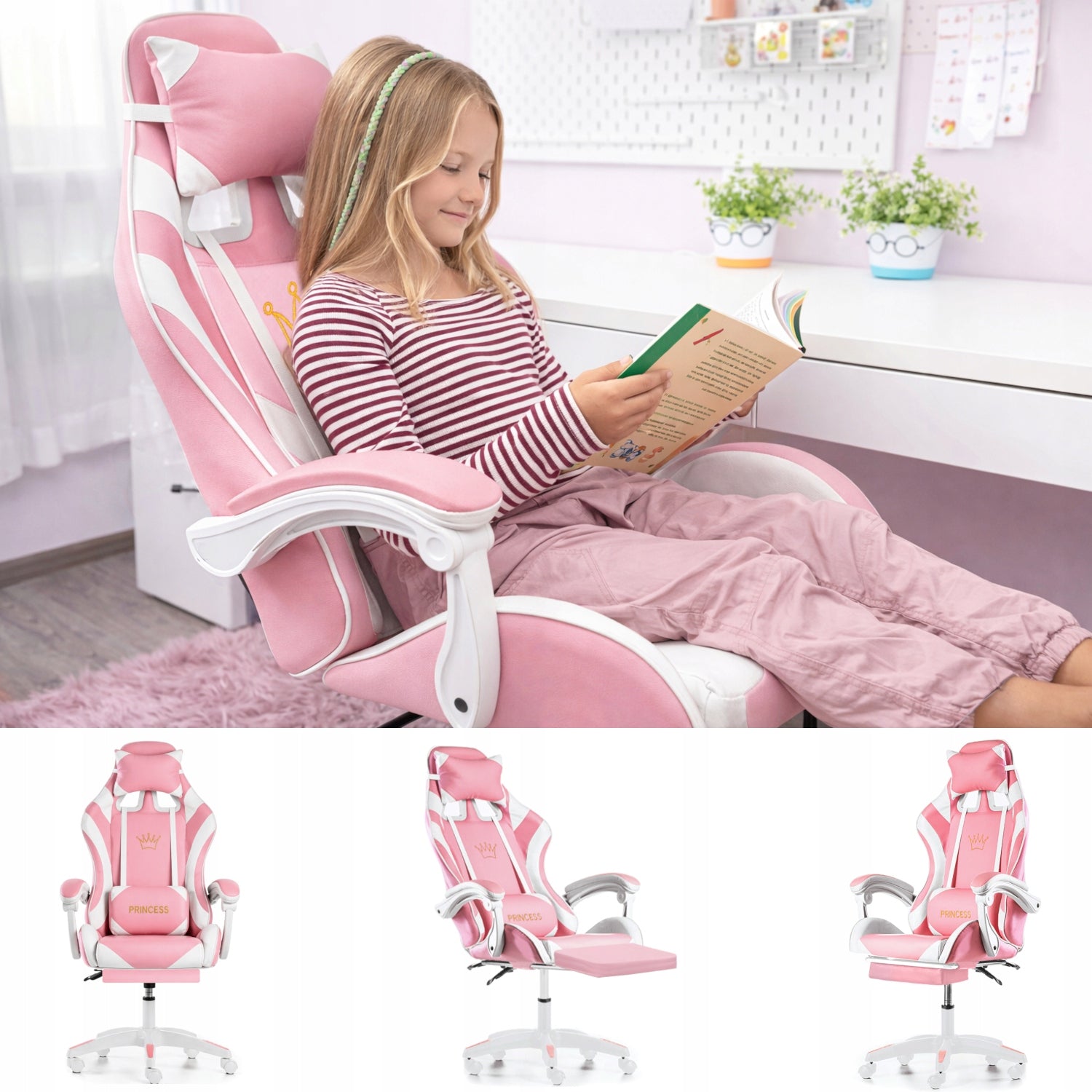 GAMING CHAIR PINK for girl child COMPUTER + MASSAGE FOOTREST Packaging status original