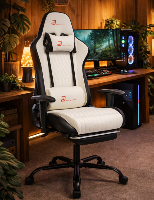 GAMING CHAIR WHITE FOR PLAYER HEIGHT ADJUSTABLE GAMING FURNITURE Model Z głośnikami, pedałami, łączącymi podłokietnikami