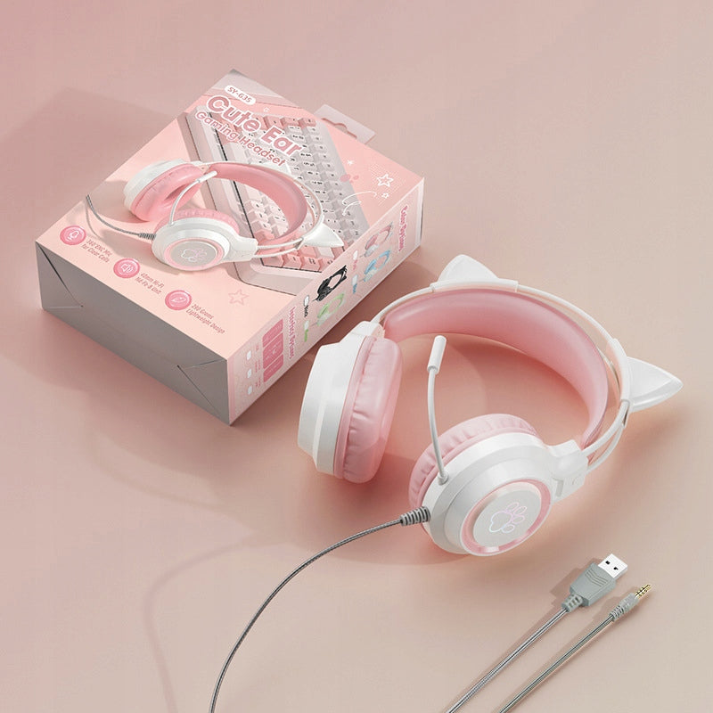 GAMING HEADPHONES WIRED MICROPHONE LED PC PS5 XBOX CAT EARS PINK Packaging status original
