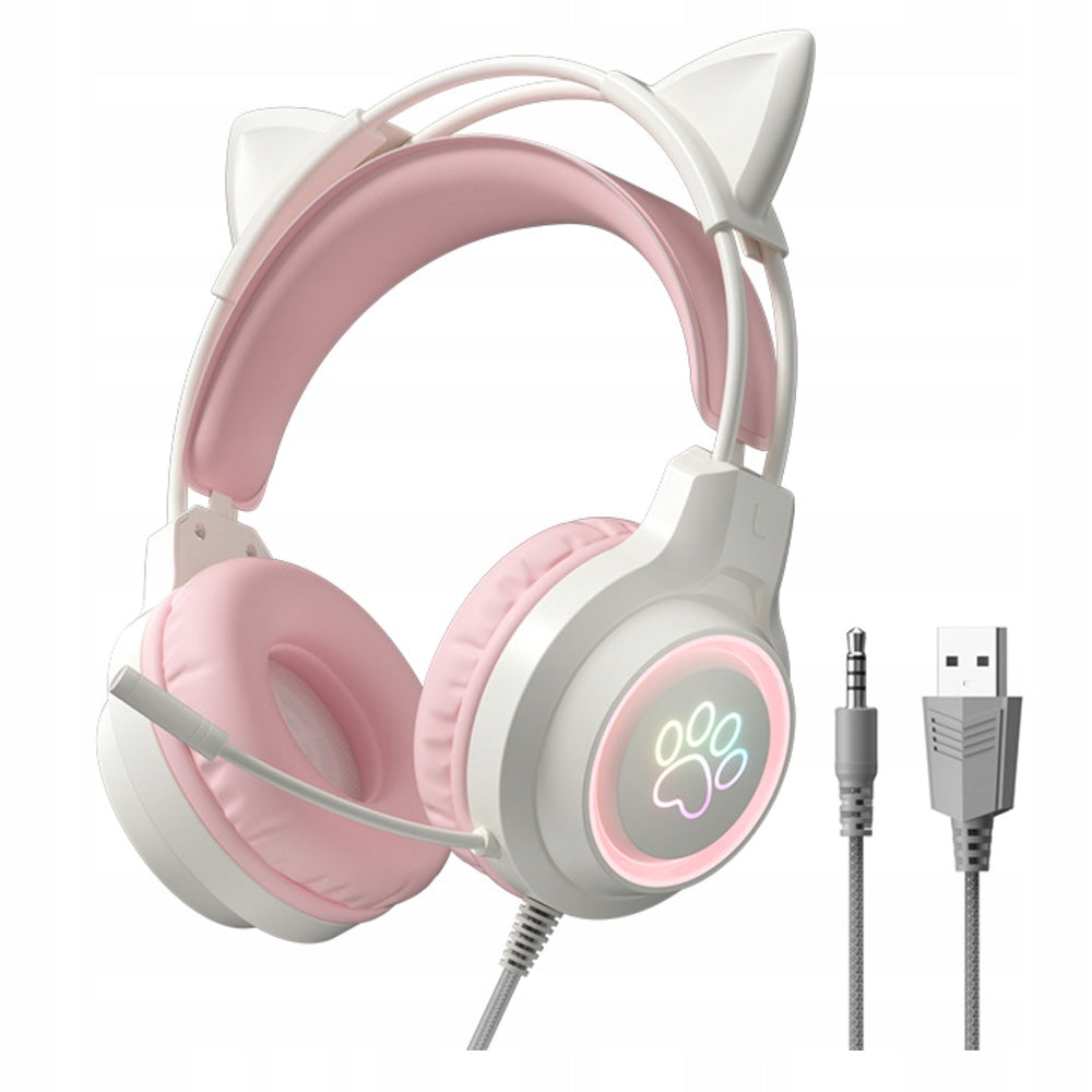 GAMING HEADPHONES WIRED MICROPHONE LED PC PS5 XBOX CAT EARS PINK