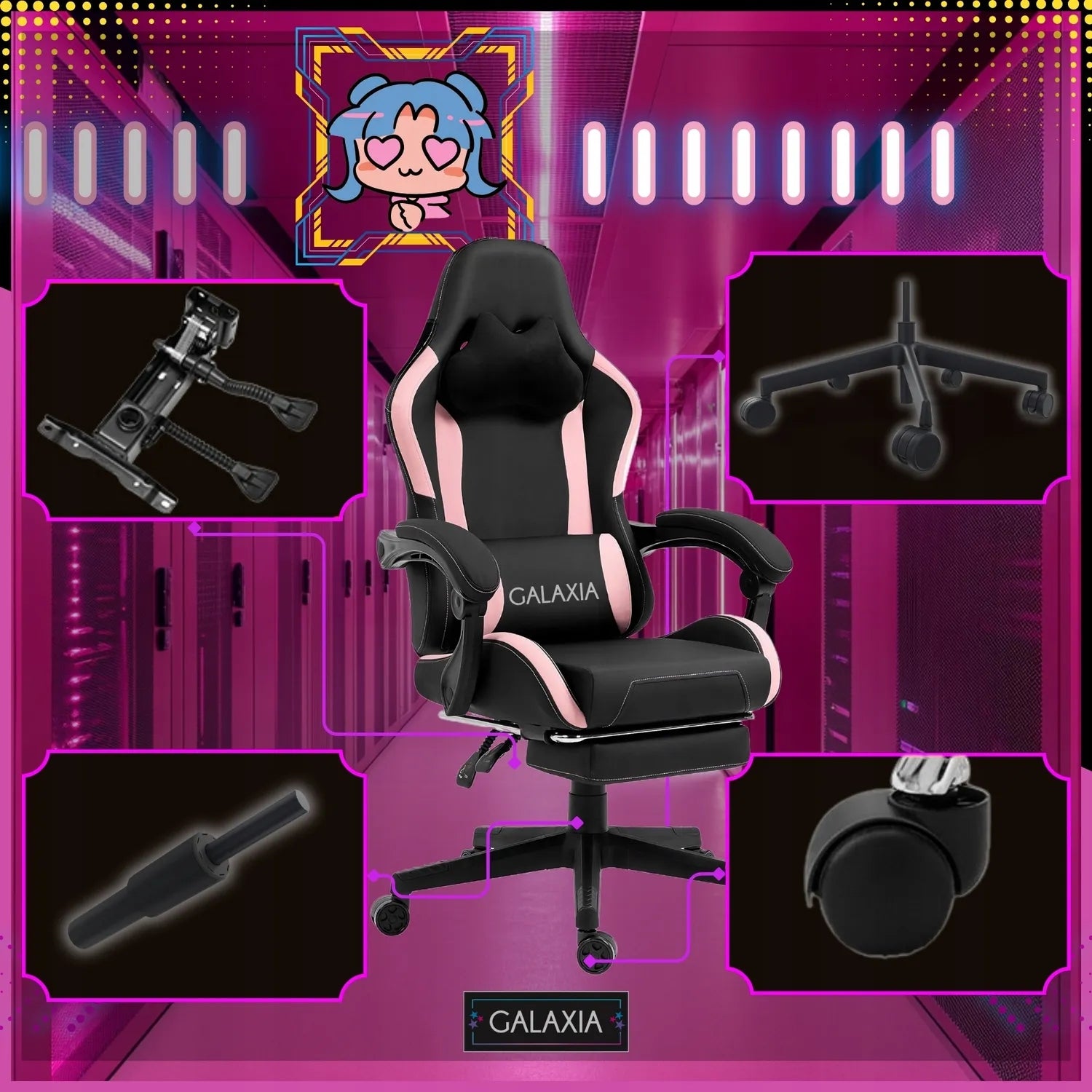 GAMING OFFICE CHAIR Swivel Gaming Chair With Footrest Pink Brand GALAXIA