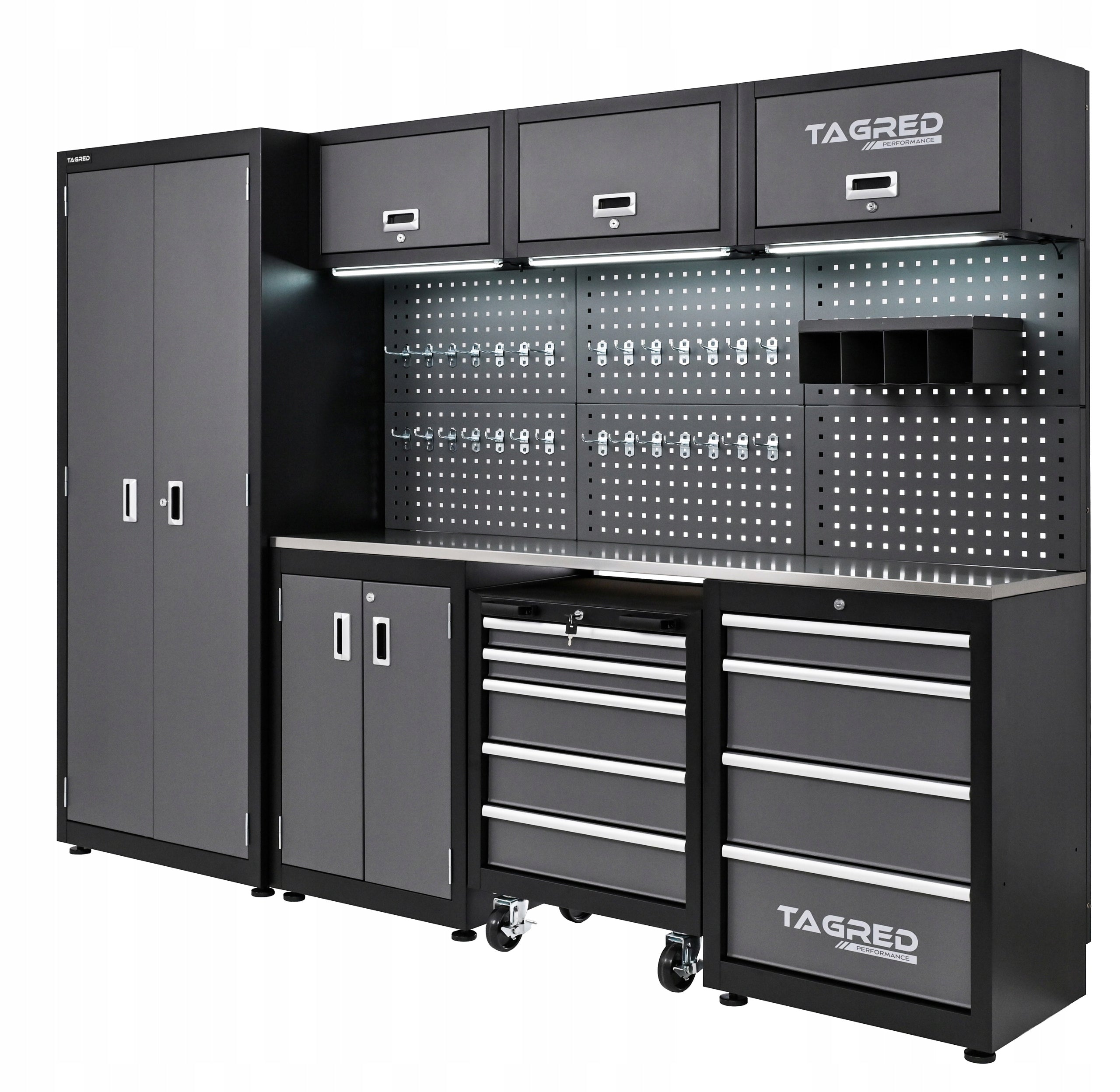 GARAGE FURNITURE WORKSHOP 260CM TOOL CABINET COUNTERTOP STAINLESS STEEL 3D + LED Product depth 46 cm