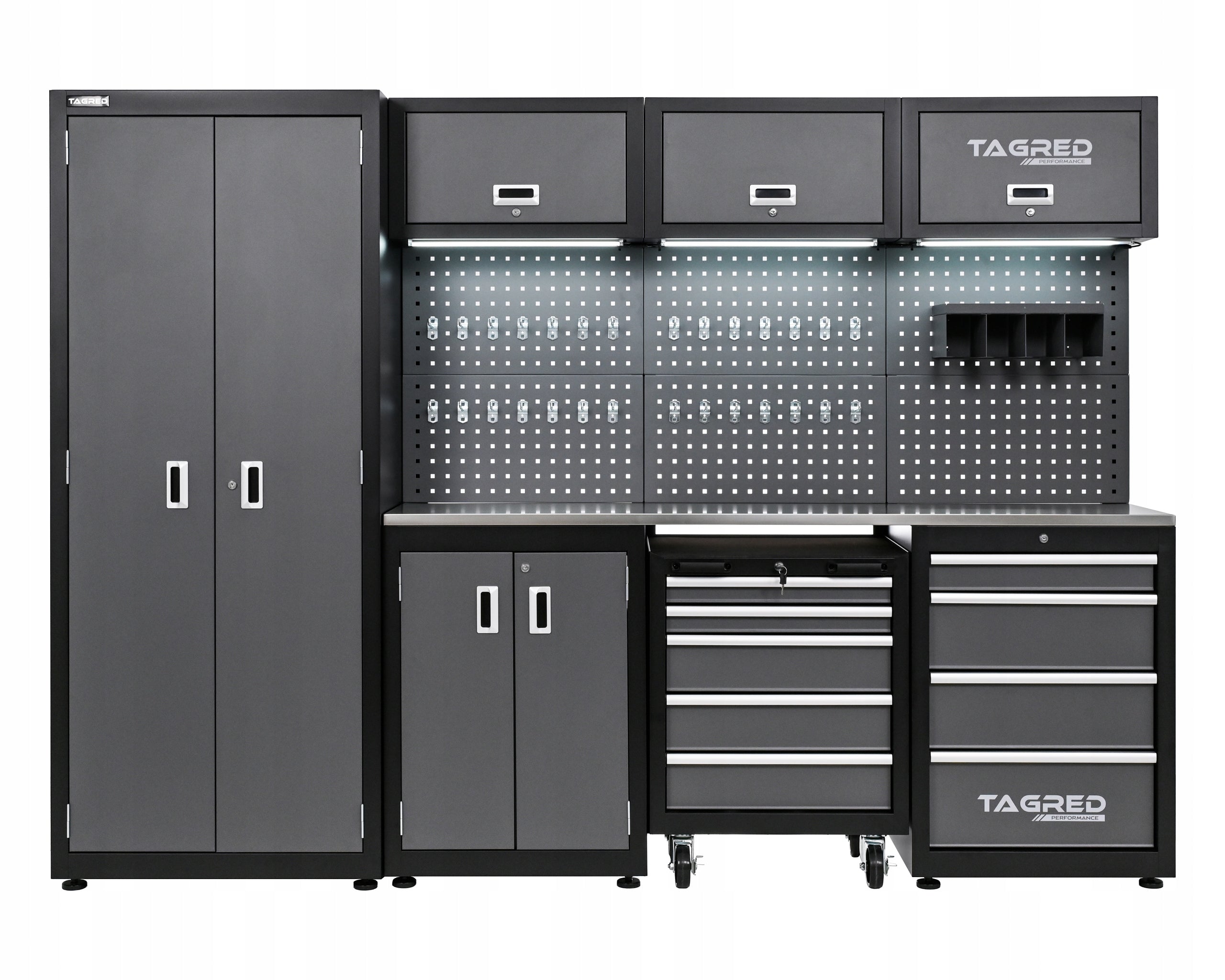 GARAGE FURNITURE WORKSHOP 260CM TOOL CABINET COUNTERTOP STAINLESS STEEL 3D + LED Product width 260 cm