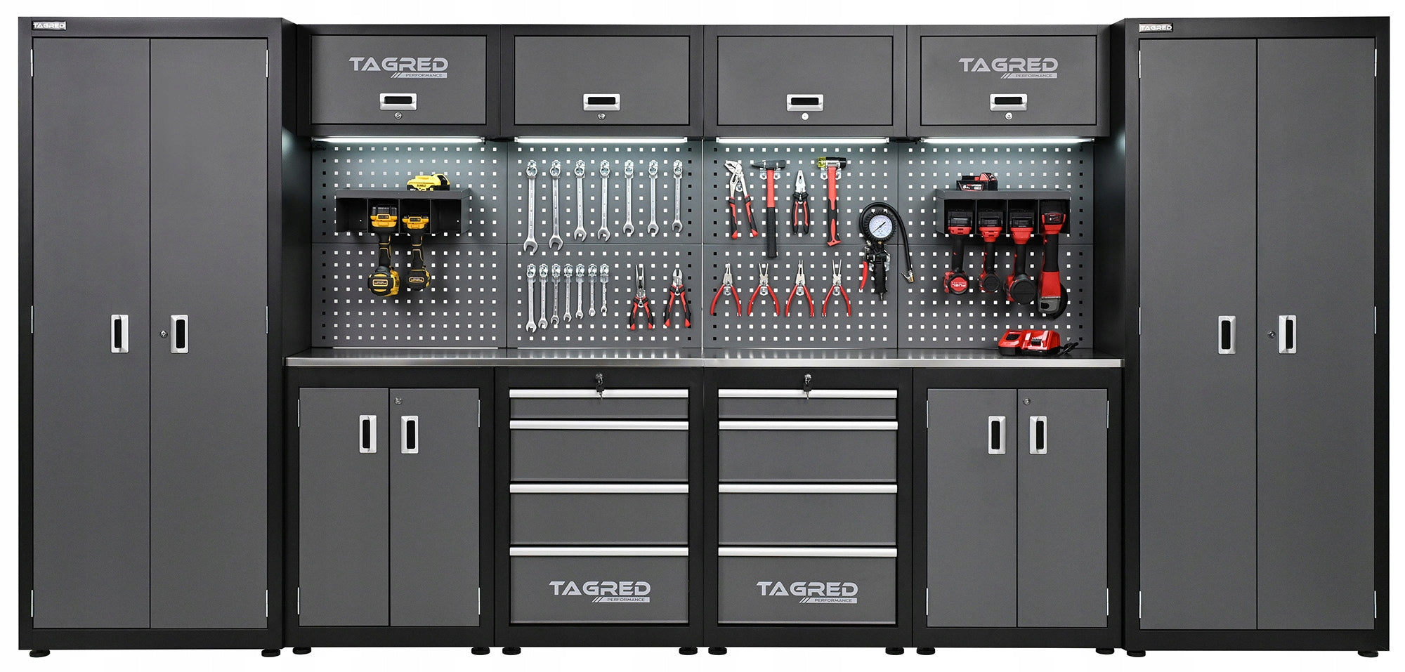 GARAGE FURNITURE WORKSHOP BOOKCASE FOR WORKSHOP MODULES 400CM LED COUNTERTOP INOX 3D Accessories included no
