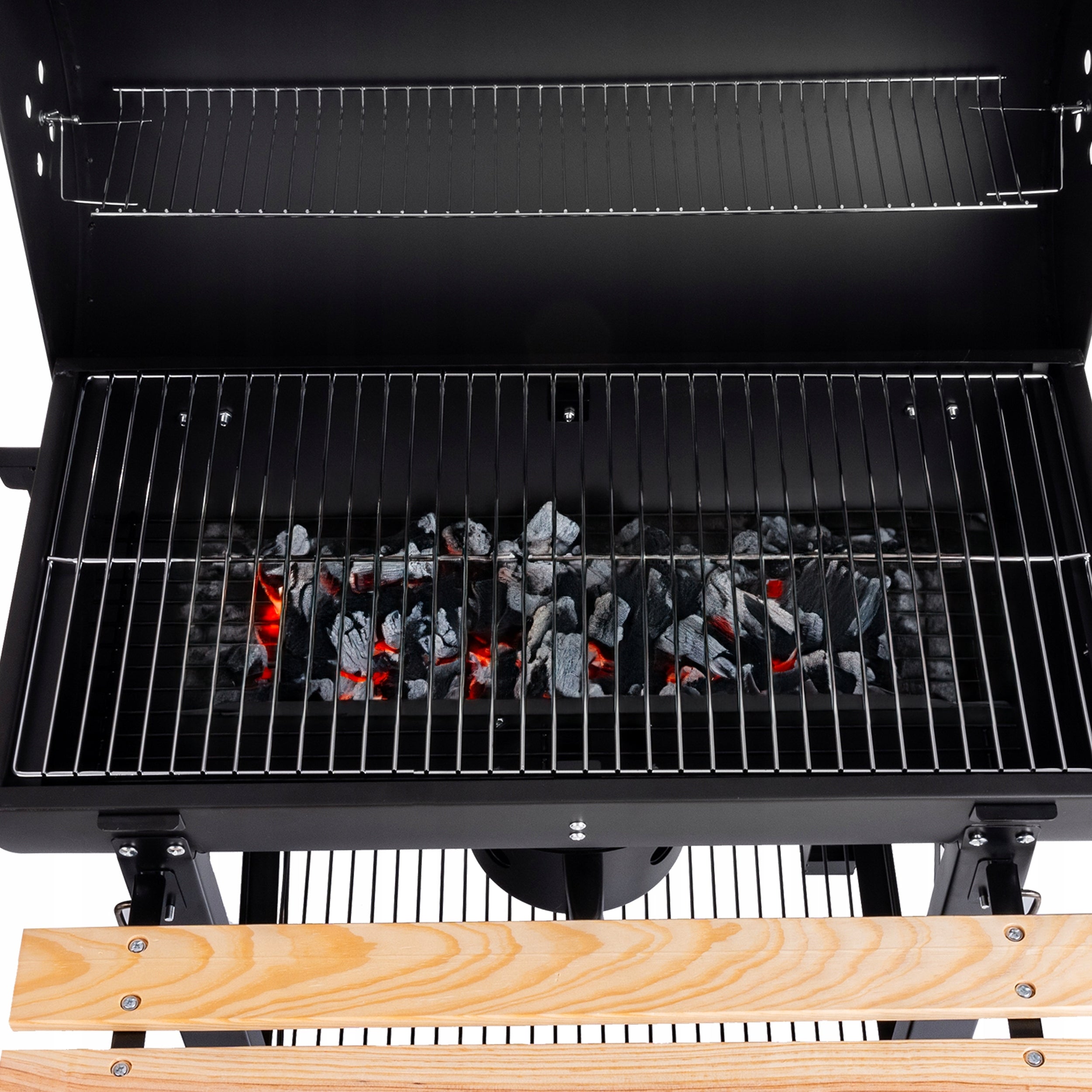 GARDEN CHARCOAL GRILL 2 CHROME GRATES 2 SHELVES ASHTRAY STEEL WITH LID Grill height 98 cm
