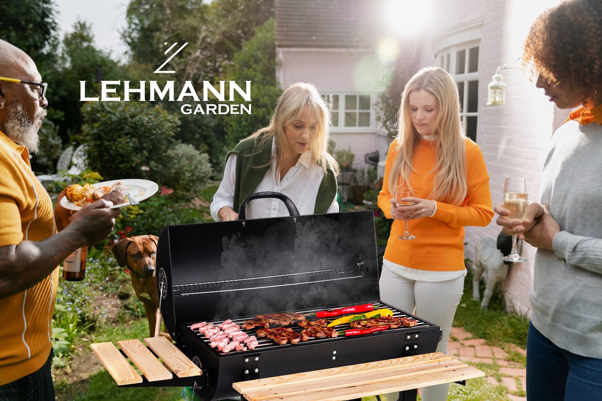 GARDEN CHARCOAL GRILL 2 CHROME GRATES 2 SHELVES ASHTRAY STEEL WITH LID Packaging status original