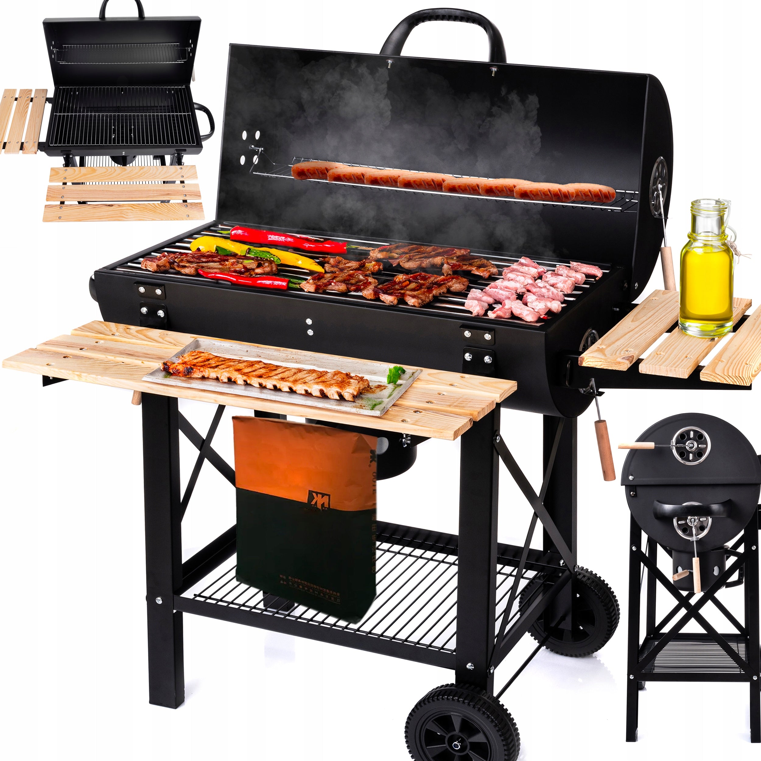 GARDEN CHARCOAL GRILL 2 CHROME GRATES 2 SHELVES ASHTRAY STEEL WITH LID