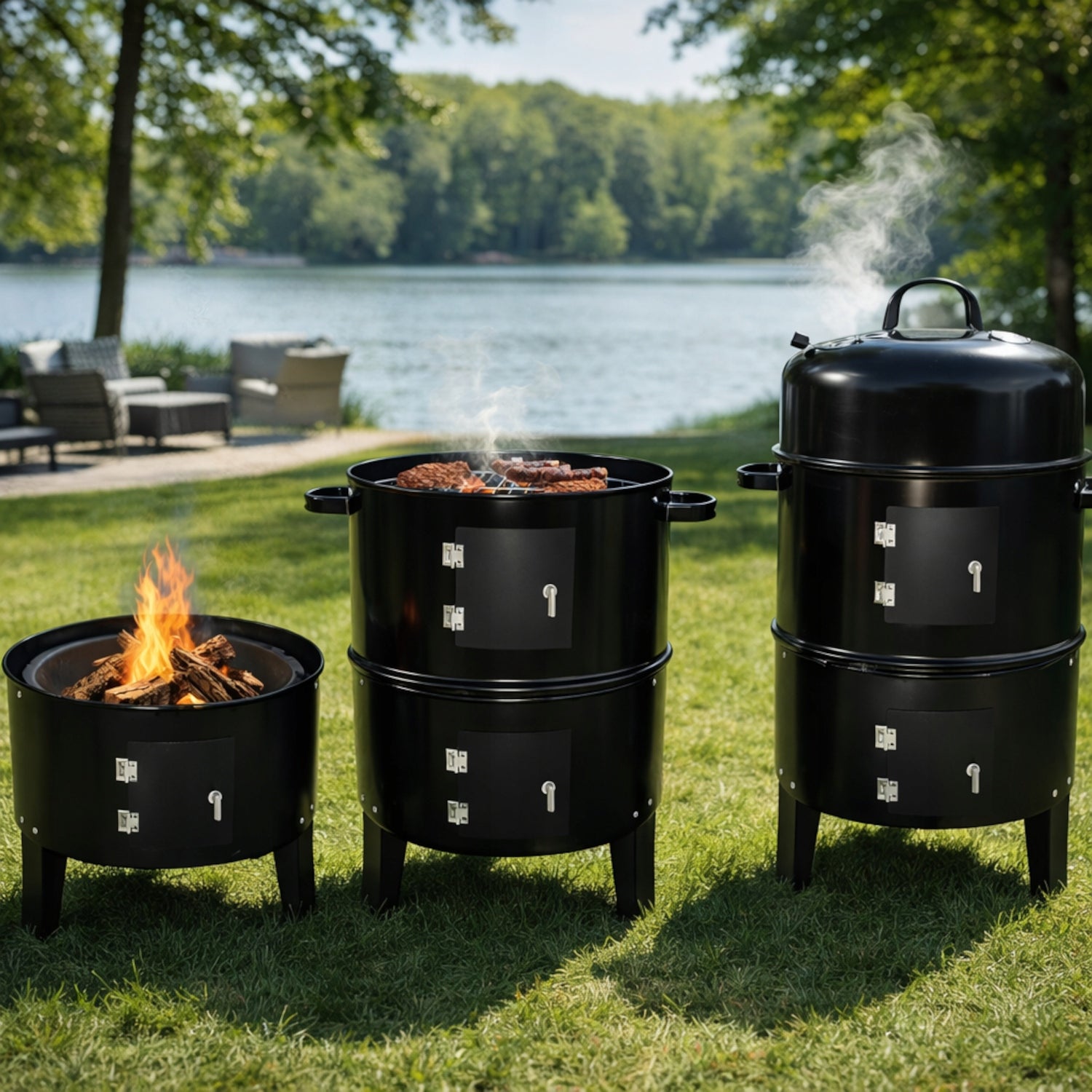 GARDEN CHARCOAL GRILL 3in1 SMOKEHOUSE GARDEN BARREL HEARTH + THERMOMETER Manufacturer code Premium Grill z wędzarnią 3w1 Solid PRO+