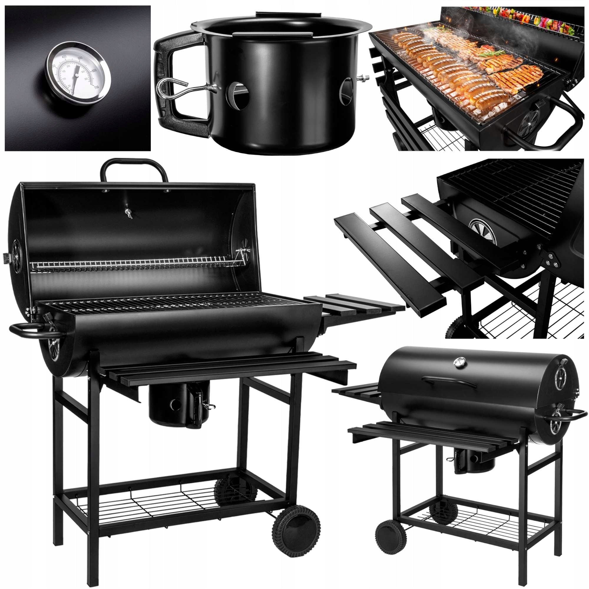 GARDEN CHARCOAL GRILL LARGE BARREL WITH LID 2 GRATES ASHTRAY THERMOMETER Grill width 111 cm