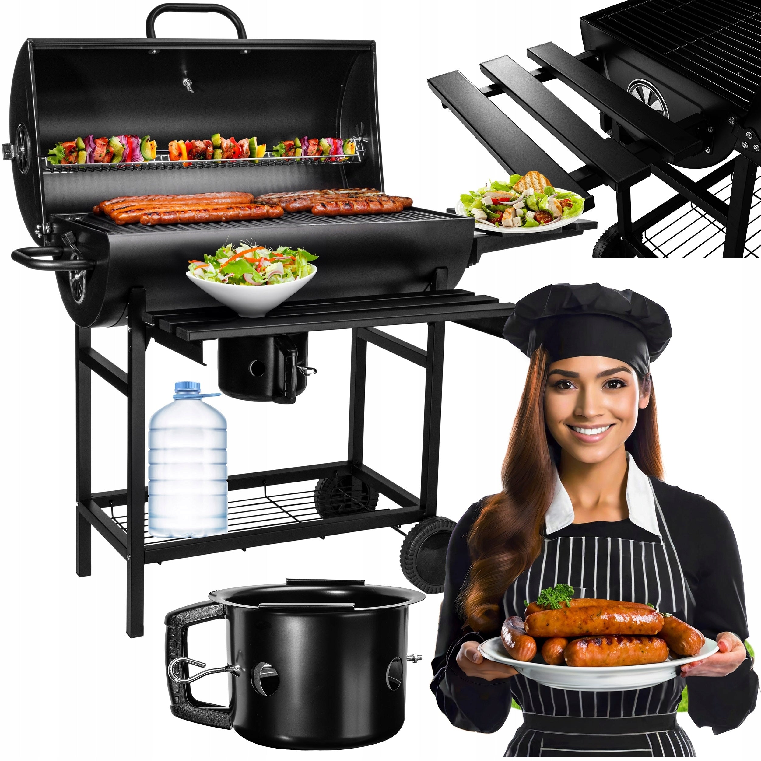 GARDEN CHARCOAL GRILL LARGE BARREL WITH LID 2 GRATES ASHTRAY THERMOMETER