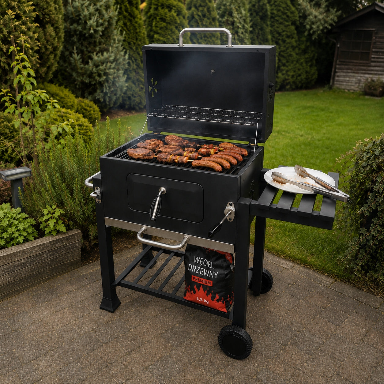 GARDEN CHARCOAL GRILL LARGE CAST IRON GRATE THERMOMETER WITH WHEELS COVER XXL Packaging status original