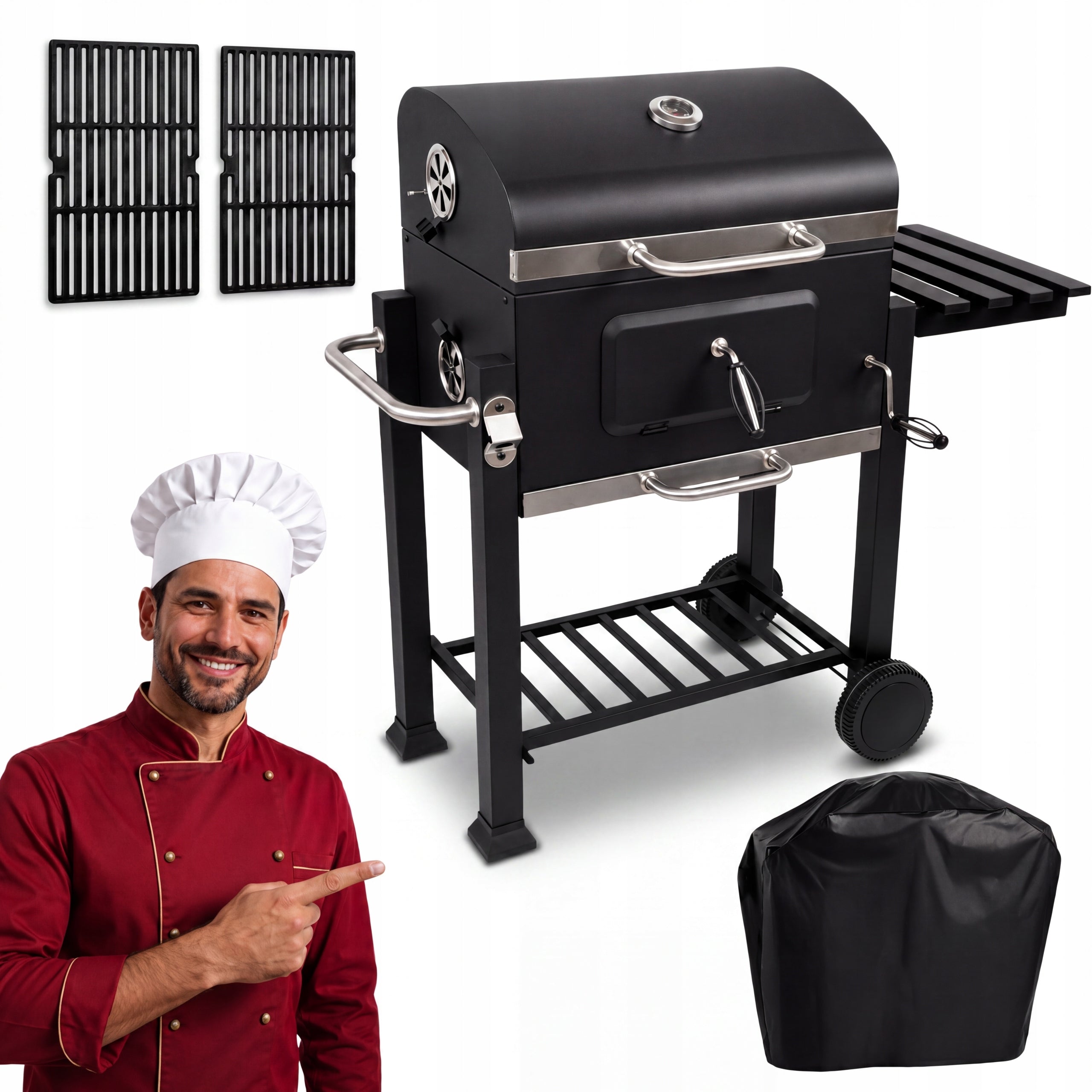 GARDEN CHARCOAL GRILL LARGE CAST IRON GRATE THERMOMETER WITH WHEELS COVER XXL