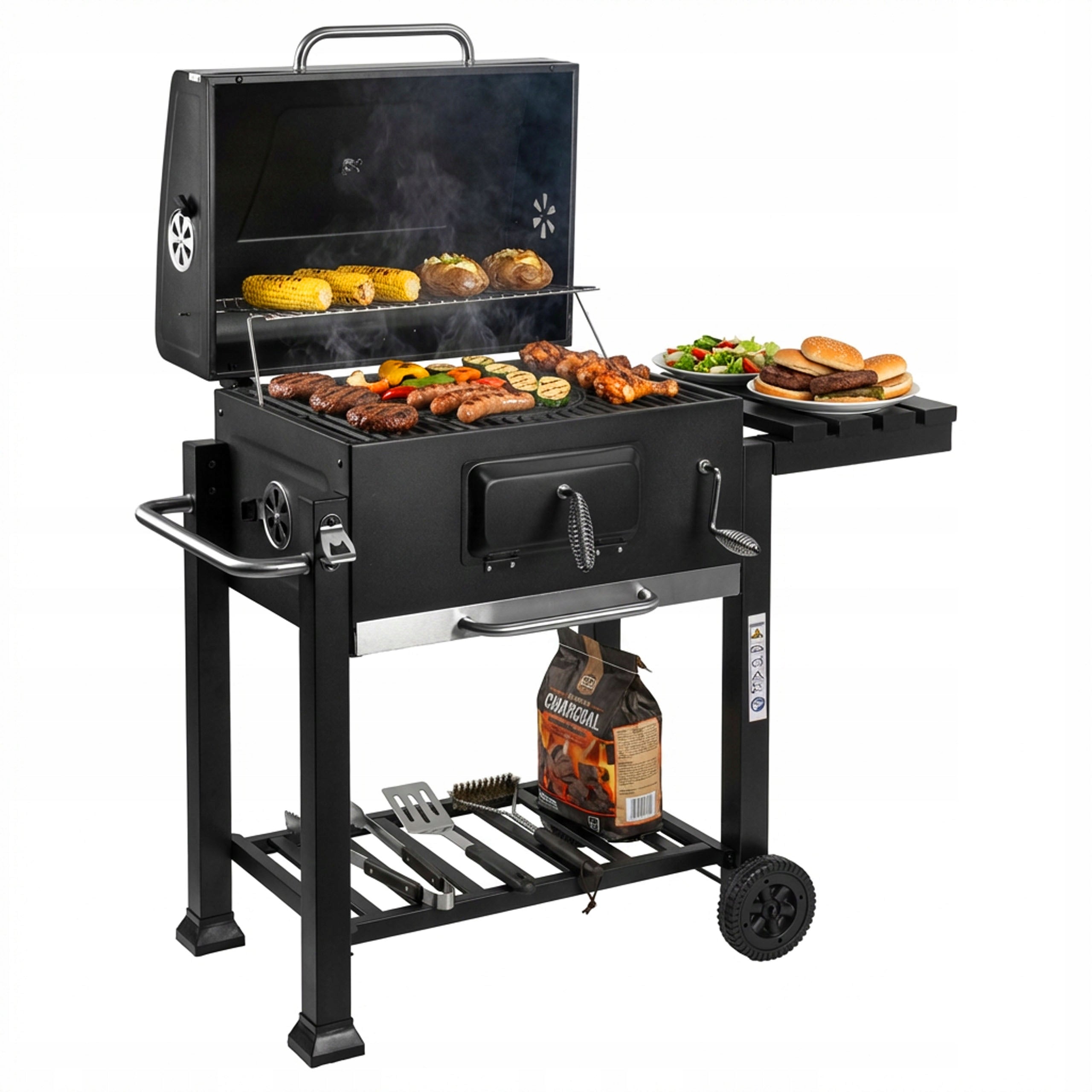 GARDEN CHARCOAL GRILL LARGE CAST IRON GRATE WHEELS SHELVES HOOKS THERMOMETER Grill height 107 cm